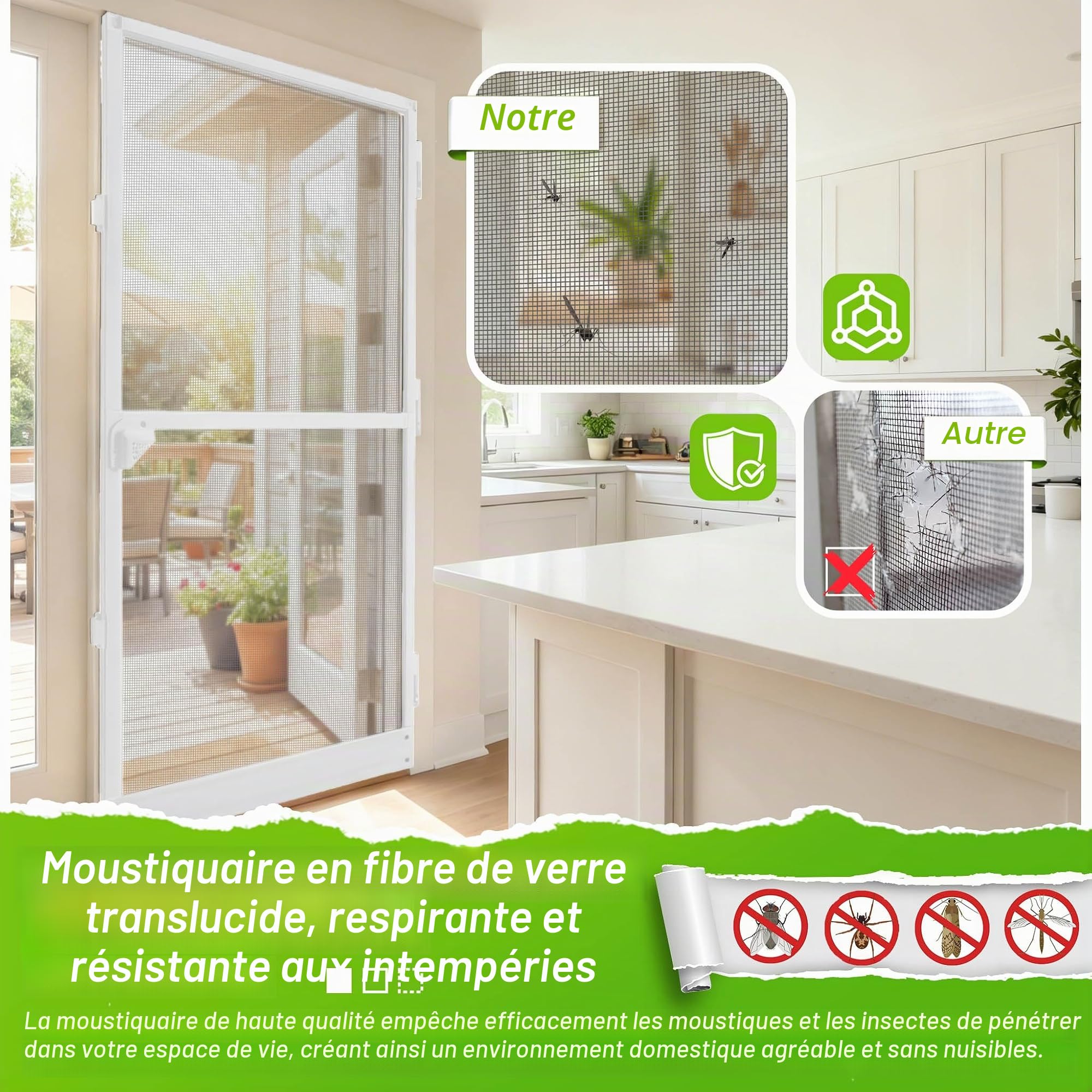 UISEBRT Moustiquaire de porte avec cadre en aluminium - Tissu en fibre de verre - 120 x 240 cm - Blanc