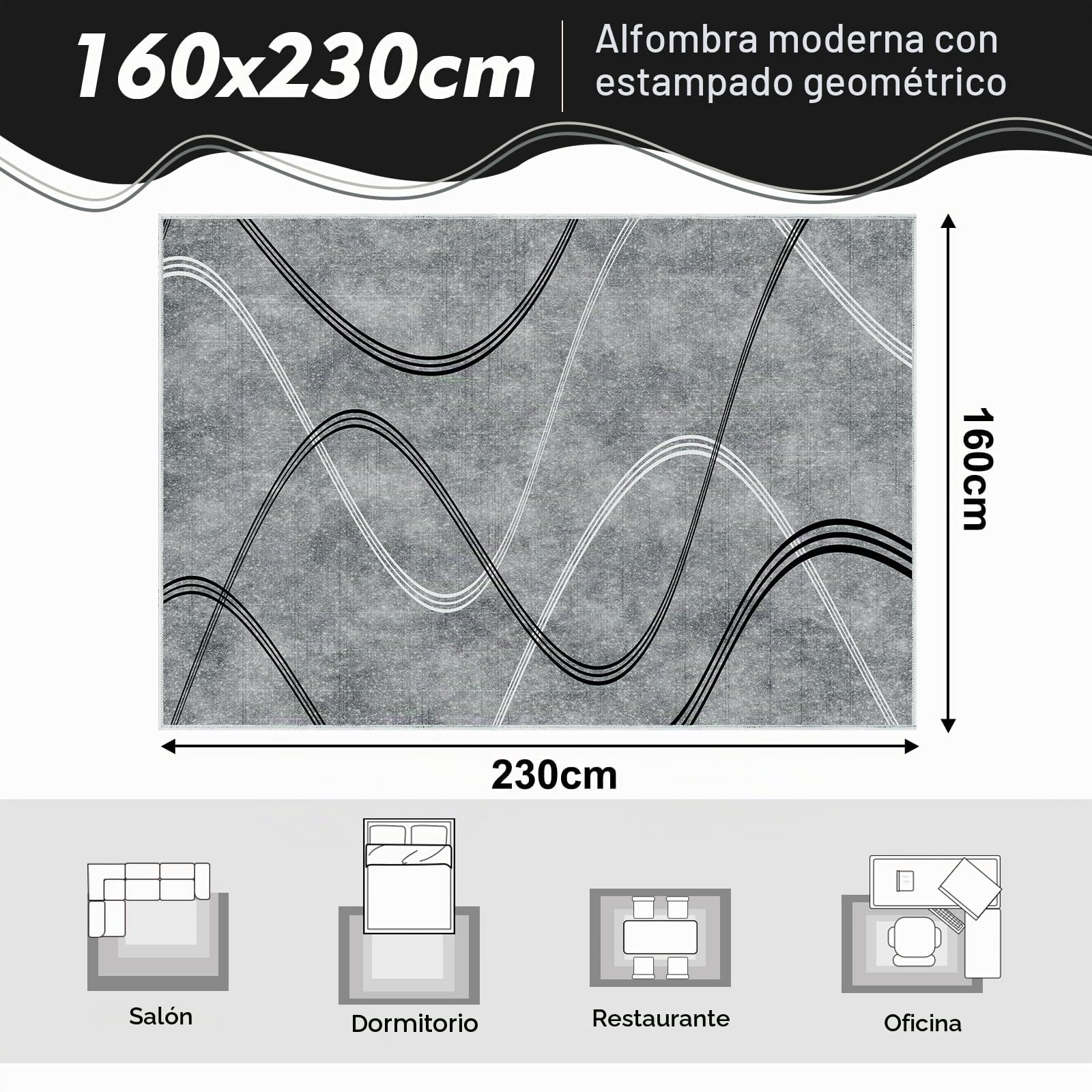 Alishomtll Alfombra de salón gris de pelo corto, 160 x 230 cm, diseño de líneas geométricas, con parte inferior antideslizante, moderna, suave, lavable, alfombra de cocina para dormitorio, entrada y