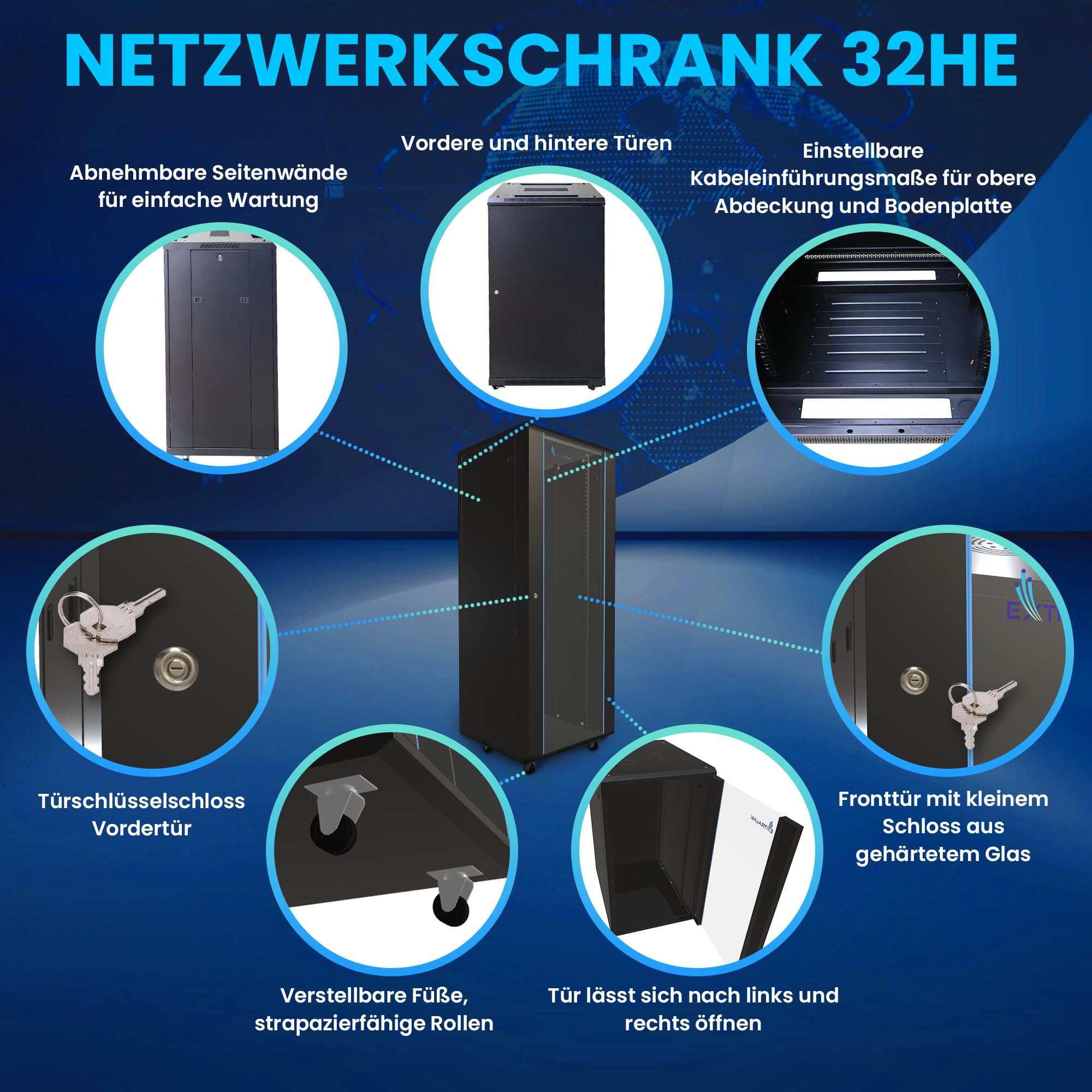 EXTRALINK 32U 600X1000, rack de pie, ideal para salas de servidores de red, control de CCTV, empresas, empresas de TI, instalación fácil, color negro.