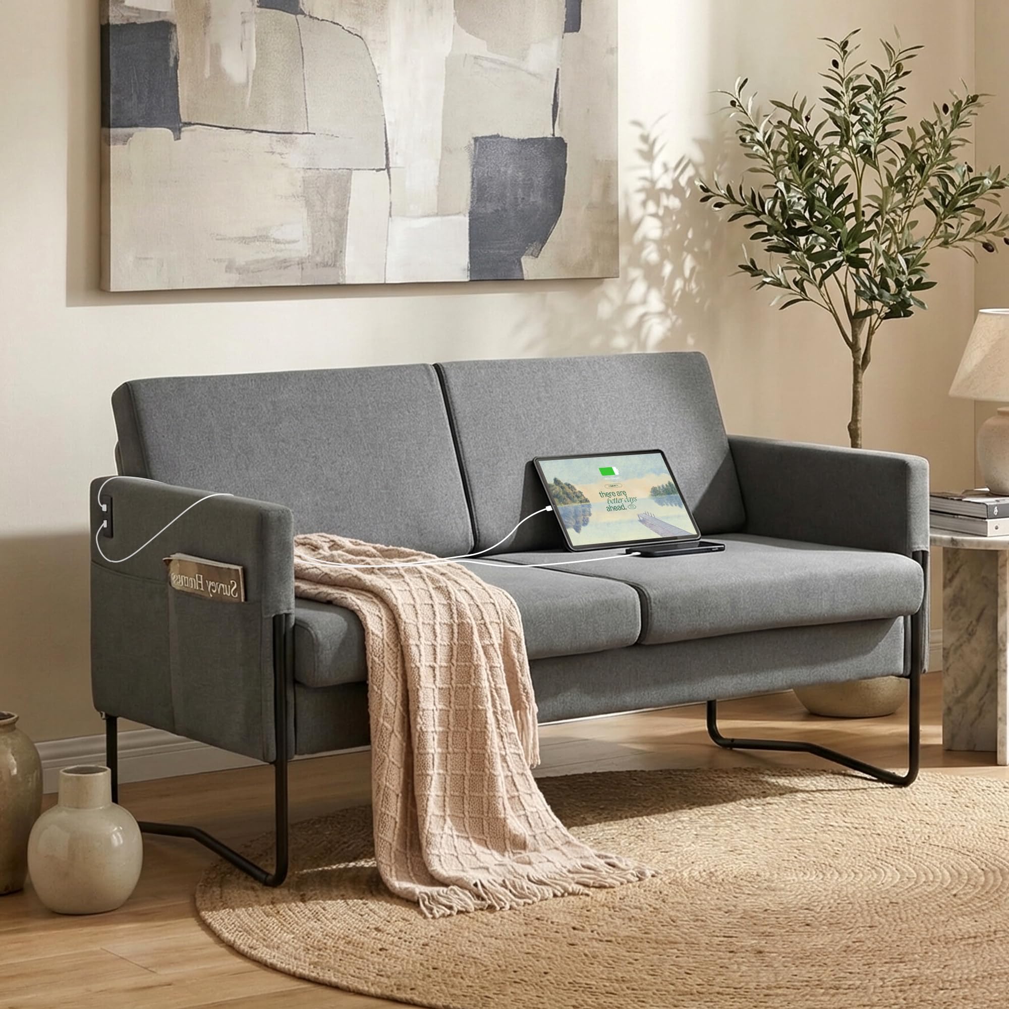 STHOUYN 51 Small Loveseat Sofa for Small Spaces Comfy Grey Couch with 2 USB Ports Modern 2 Person