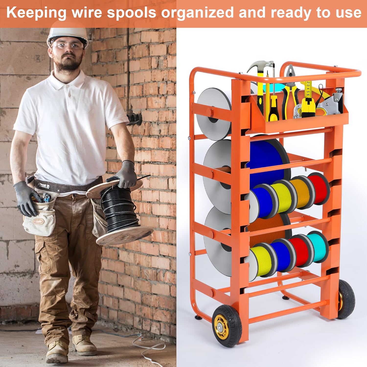Wire Spool Rack, Multi-Spool Wire Cart Cable Caddy, 11 Rods Heavy Duty Electrical Wire Spool Storage Holder with Wheels, Cable Spool Dispenser Rack for Electrical Industrial Retail