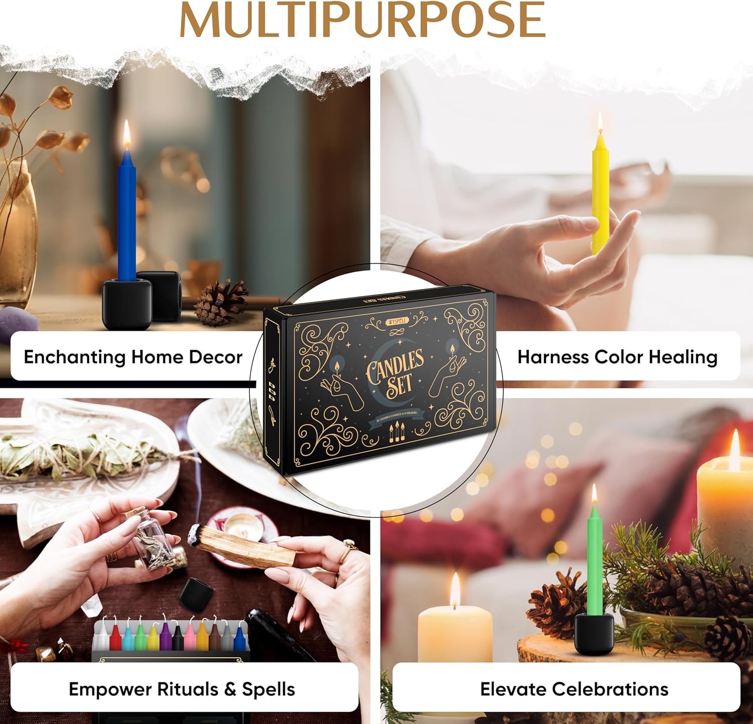 WYSPELL 36 Colored Spell Candles | 5" x 1/2" | Taper Candles Kit for Witchcraft & Decor | 6 Chime Candle Holders | Wiccan Supplies & Candlesticks Set - Image 7