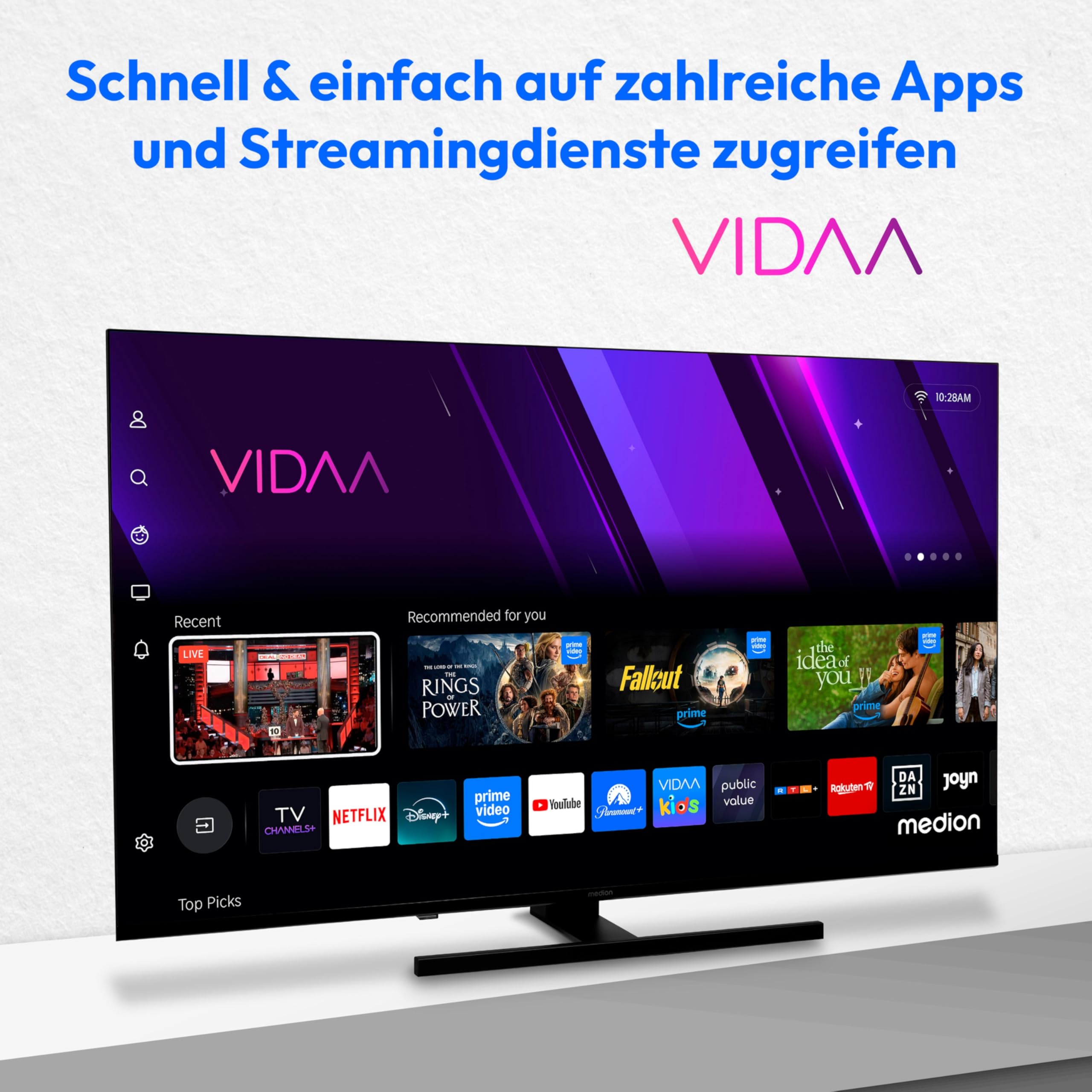 MEDION 138,8 cm (55 Zoll) QLED Fernseher (Smart-TV, Dolby Vision HDR, VIDAA Store, Prime Video, Disney+, DAZN, Paramount+, DTS X, Dolby Atmos, PVR, Bluetooth, MD 855600)