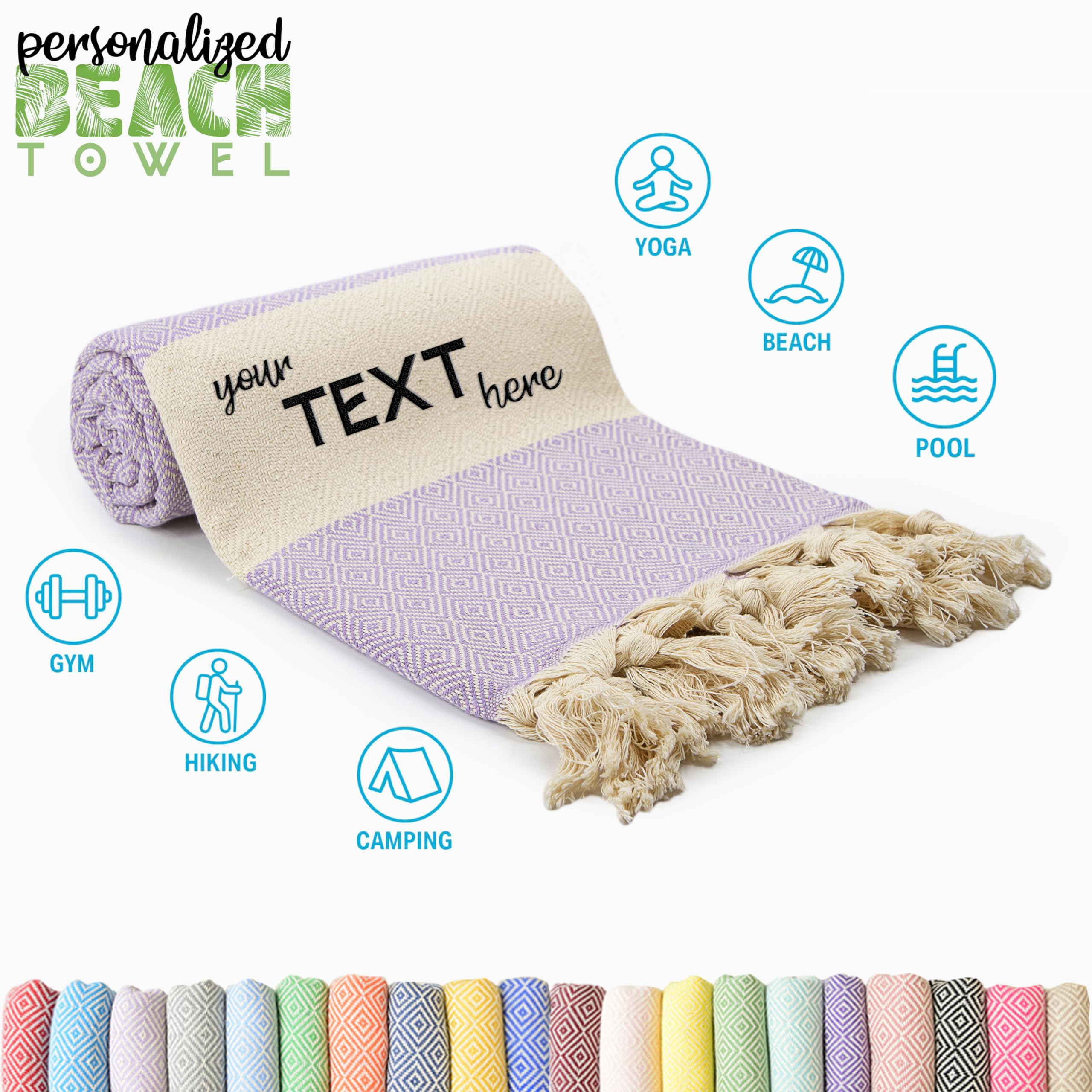 Turkish Beach Towel, Personalized Gifts, Oversized Lighweight Yoga Blanket, Travel Friendly, Custom Embroidered Bath Towels for Kids and Adults (