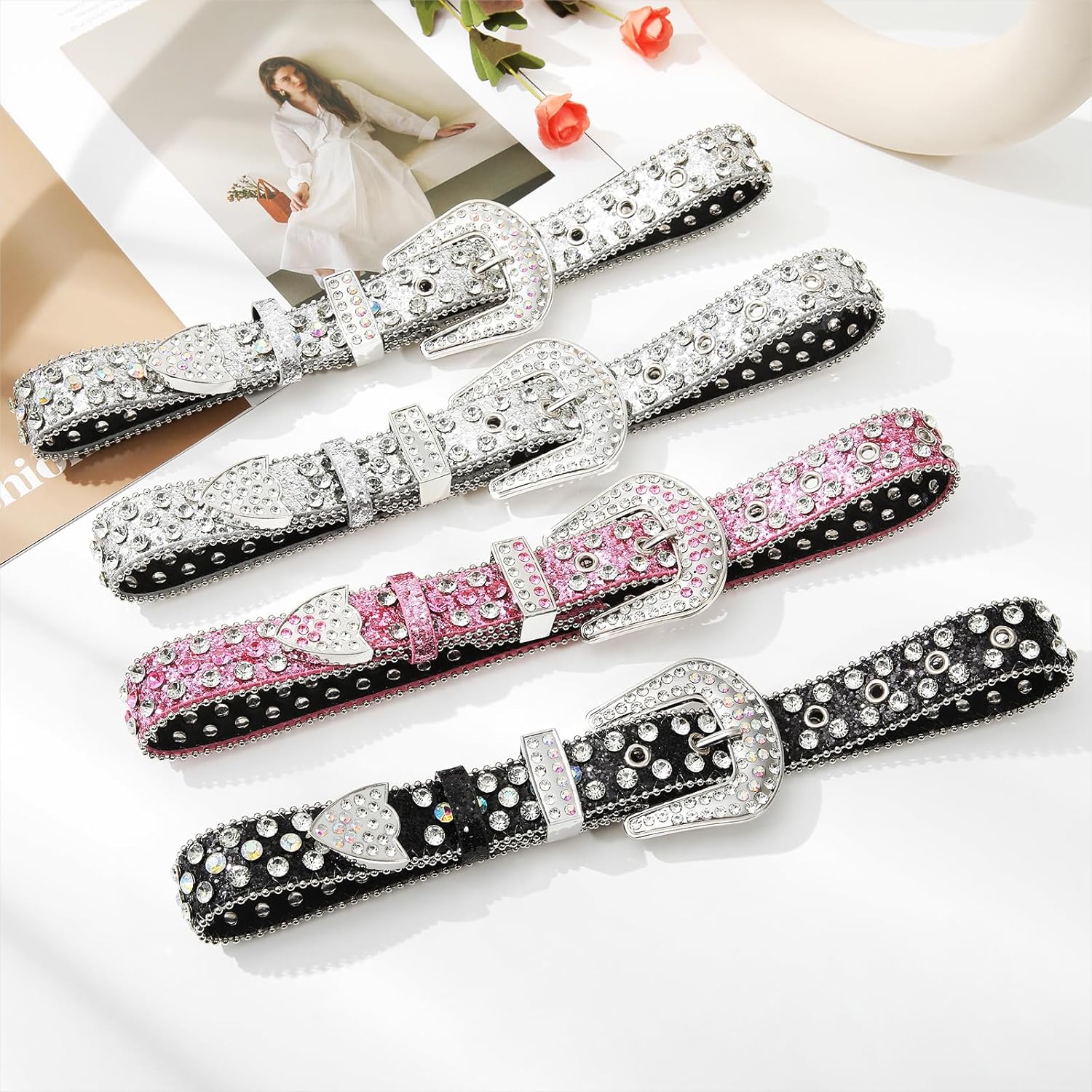 AWAYTR Kids Rhinestone Western Belt - Cowboy Cowgirl Belts with Bling Diamond Studded and Sequin Leather Belt for Jeans - Image 7