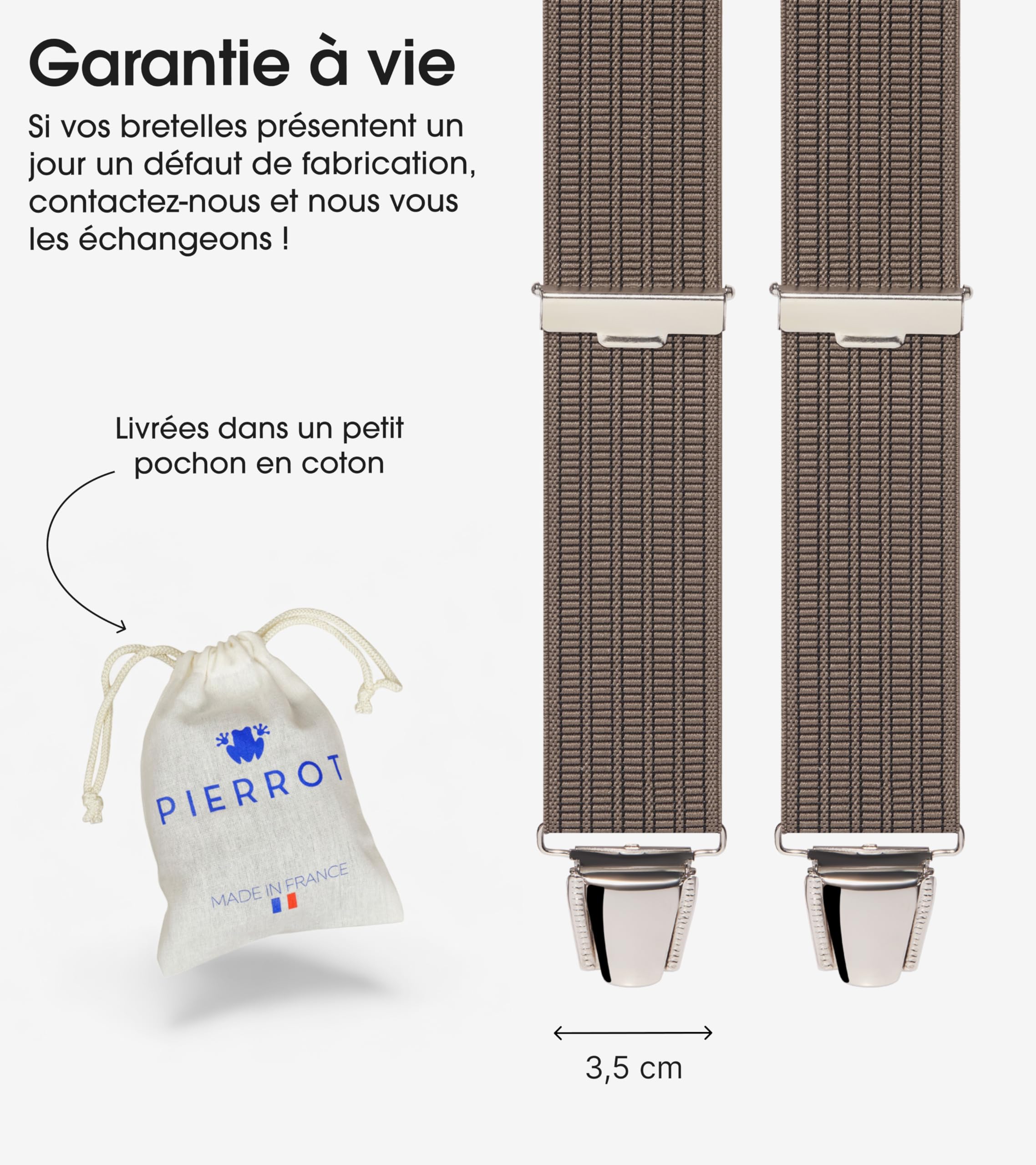 Bretelles Homme Larges PIERROT Made in France - Elastique Ultra Résistant 4 Clips Extra Fort Taille Ajustable 130cm Garantie à Vie