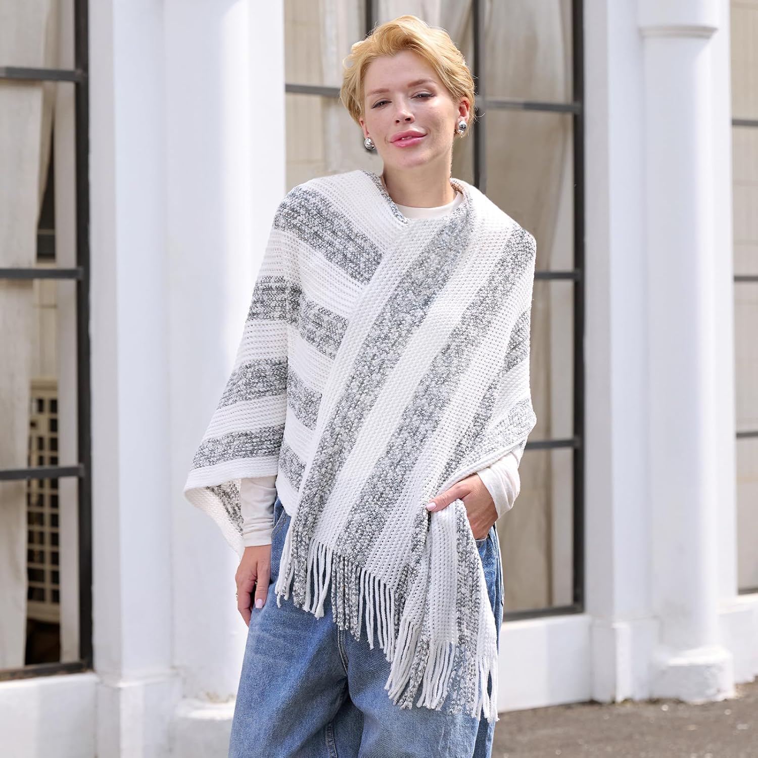 MissShorthair Sweater Shawl Wraps for Women Striped Chenille Oversized Pullover Poncho for Fall Winter - Image 2
