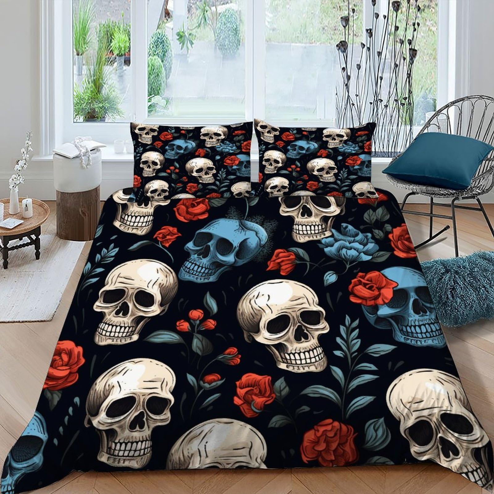 Housse de couette skull anti-plis en microfibre douce avec zip pour grand lit