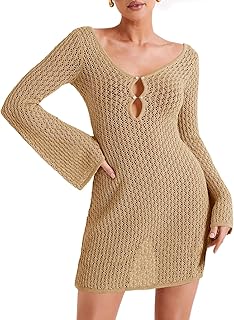 Womens Crochet Swimsuit Coverup Summer Sexy V Neck Long Bell Sleeve Mesh Knit Bikini Cover Ups Beach Dresses - Buy now