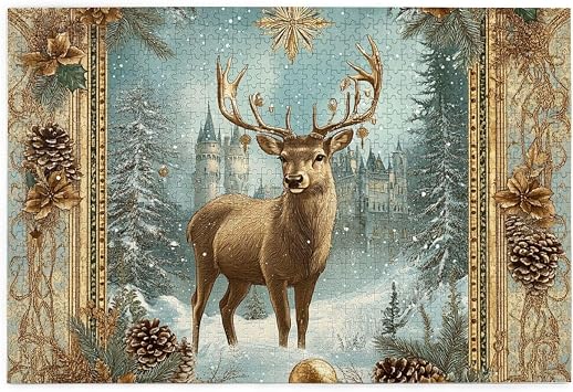 1000 Pieces Adults Jigsaw Puzzle - Vintage Christmas Deer with Golden Antlers,Snowy Castle & Ornate Frame,Retro Holiday Art,Pleasure Both Body and Mind, Wooden Puzzle for Decor & Gift,