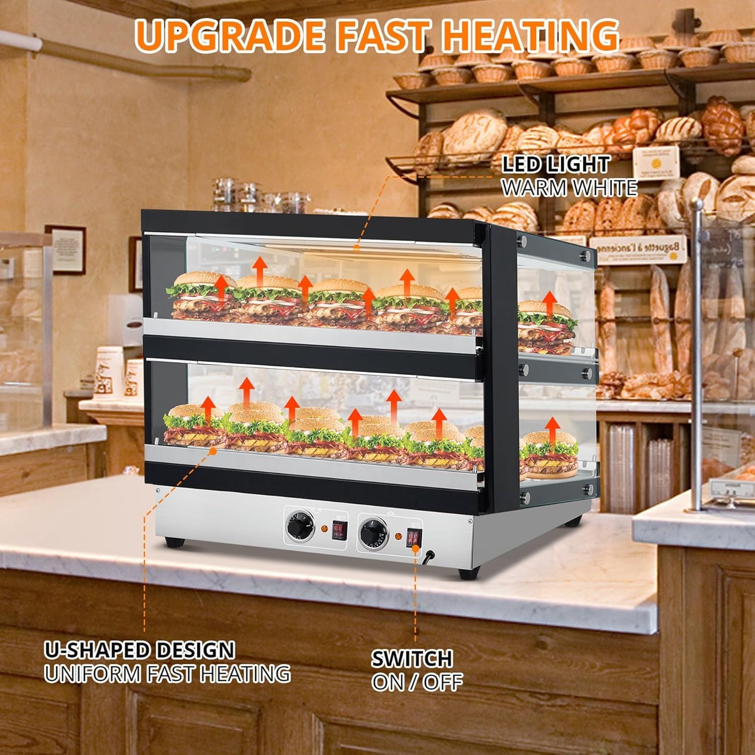 48in Commercial Food Warming Display Cabinet, Trapezoidal Tempered Glass Coated Steel Countertop Food Warmer with Warm LED Light, u-Shaped Fast Heating Design, for Snack Shops and Convenience Stores