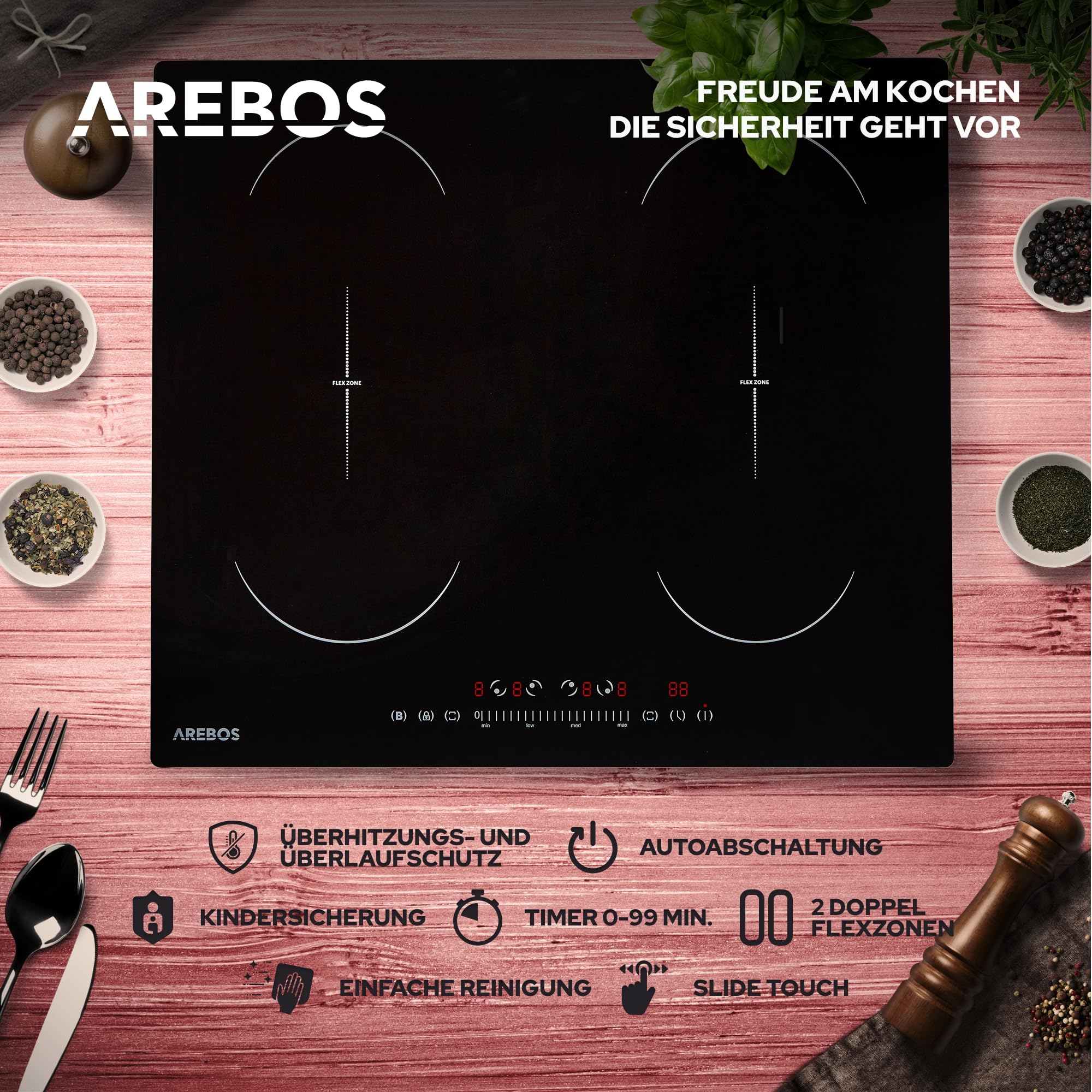 Arebos Induktionskochfeld autark 59x52 cm | 4 Kochzonen 7200 W Booster-Funktion | 2 Flexzonen Sensor-Touch | Timer Kindersicherung Überhitzungsschutz Autoabschaltung Schnellaufheizung