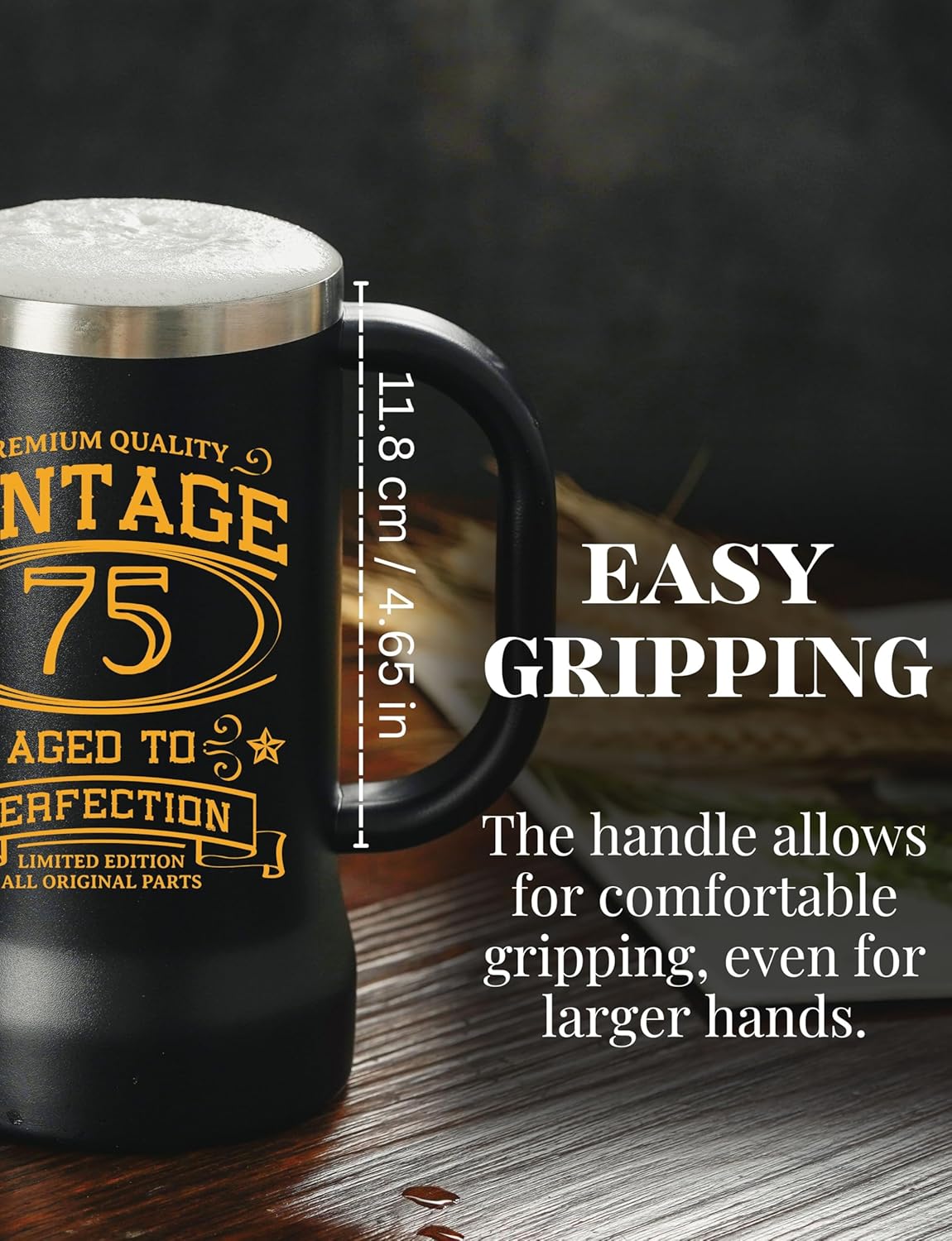 Onebttl 75th Birthday Gifts for Men, Dads, Grandpas, Husband, Vintage 75th Birthday Gifts, 24oz Stainless Steel Beer Stain Mug, Black - Image 4