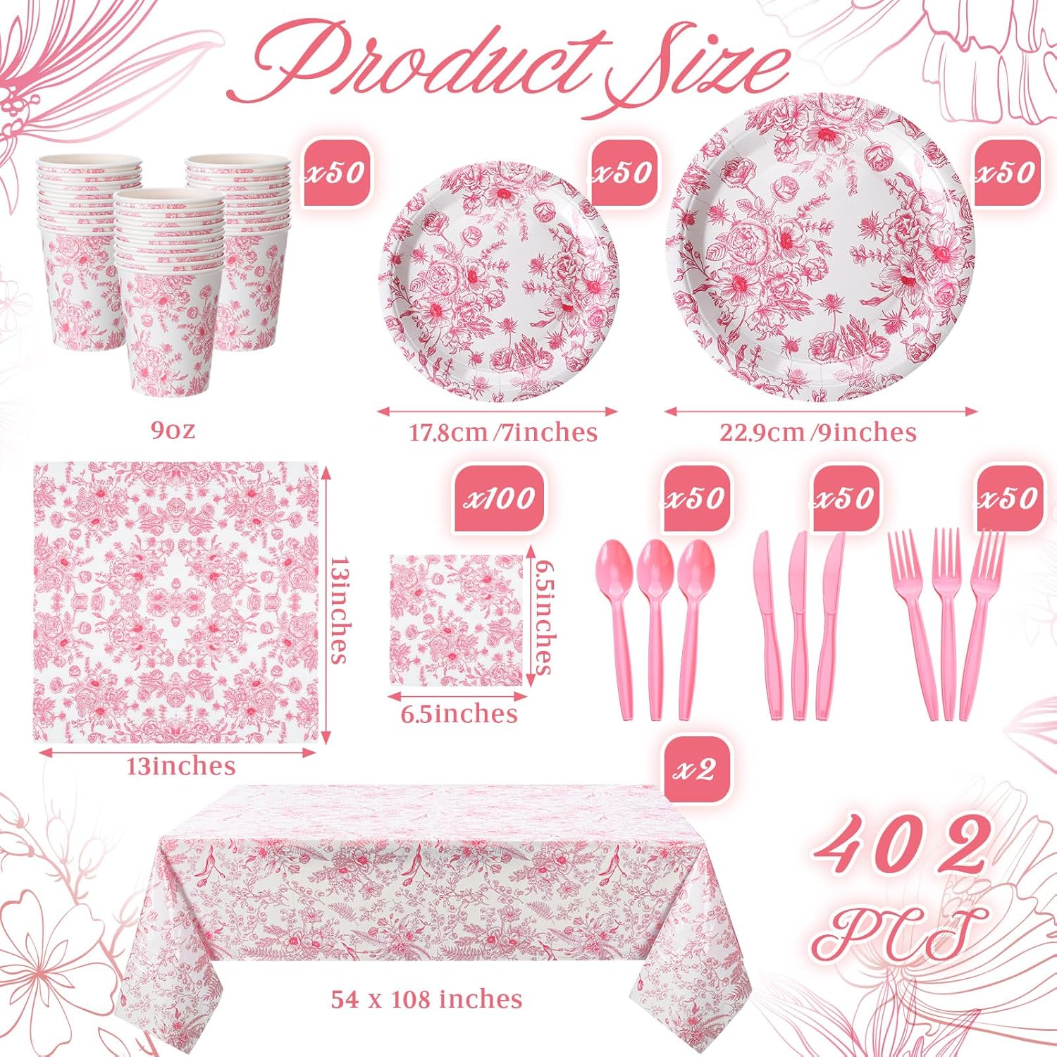 Dandat 402 Pcs Pink Floral Disposable Tableware Set Serve 50 Baby Shower Party Decoration Bridal Shower Party Supplies Plates Napkins Plastic Tablecloths for Wedding Birthday Decoration