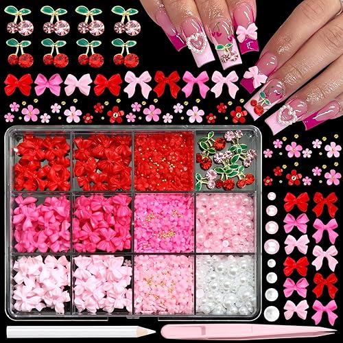 BELICEY 3D Nail Charms Red Pink Bow Cherry Flower Charms