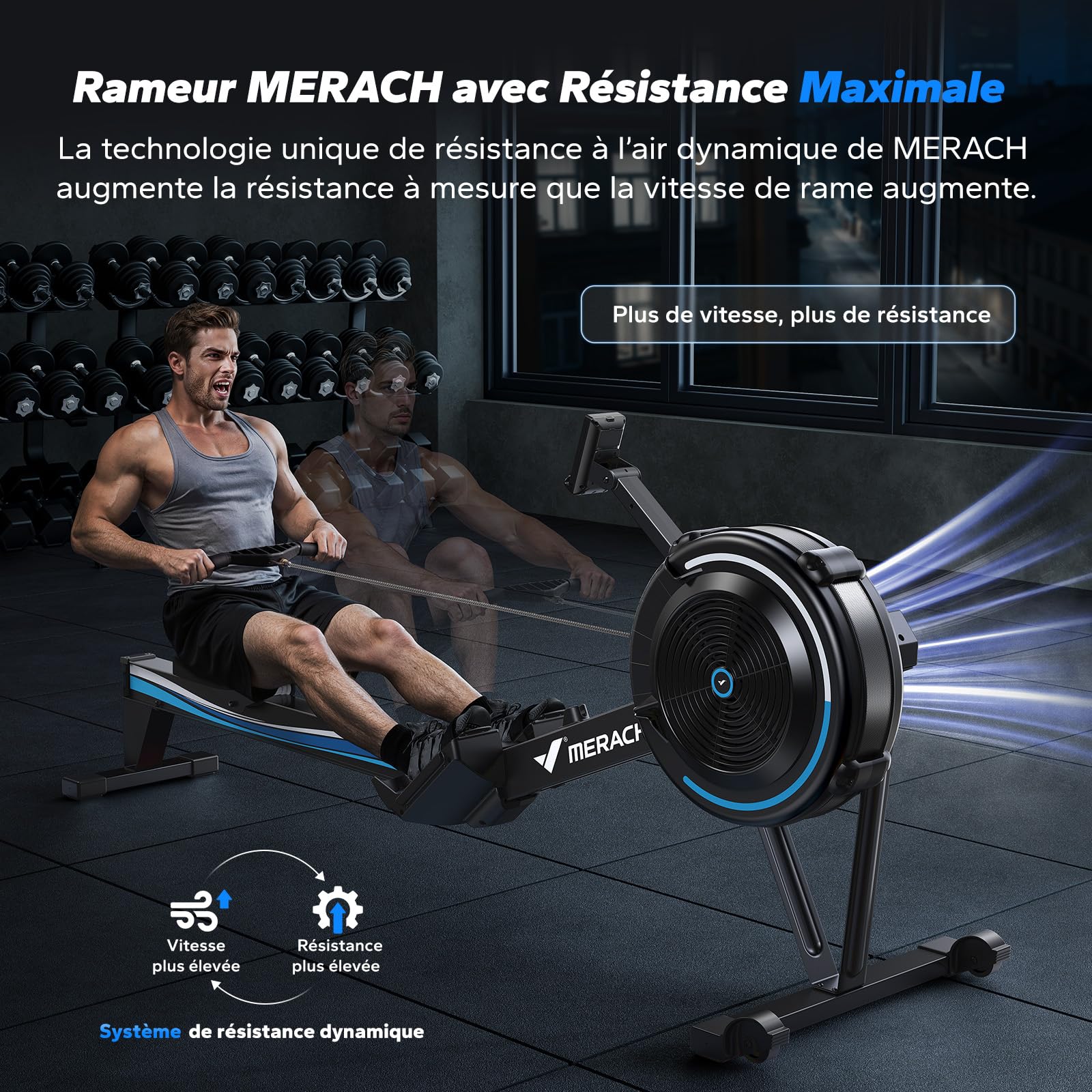 MERACH Rameur d'appartement à Résistance Aérienne, 10 Niveaux Réglables avec APP Exclusive, Rameur Professionnel Musculation pour Intérieur, Siège Ergonomique Confortable, Stockage Facile