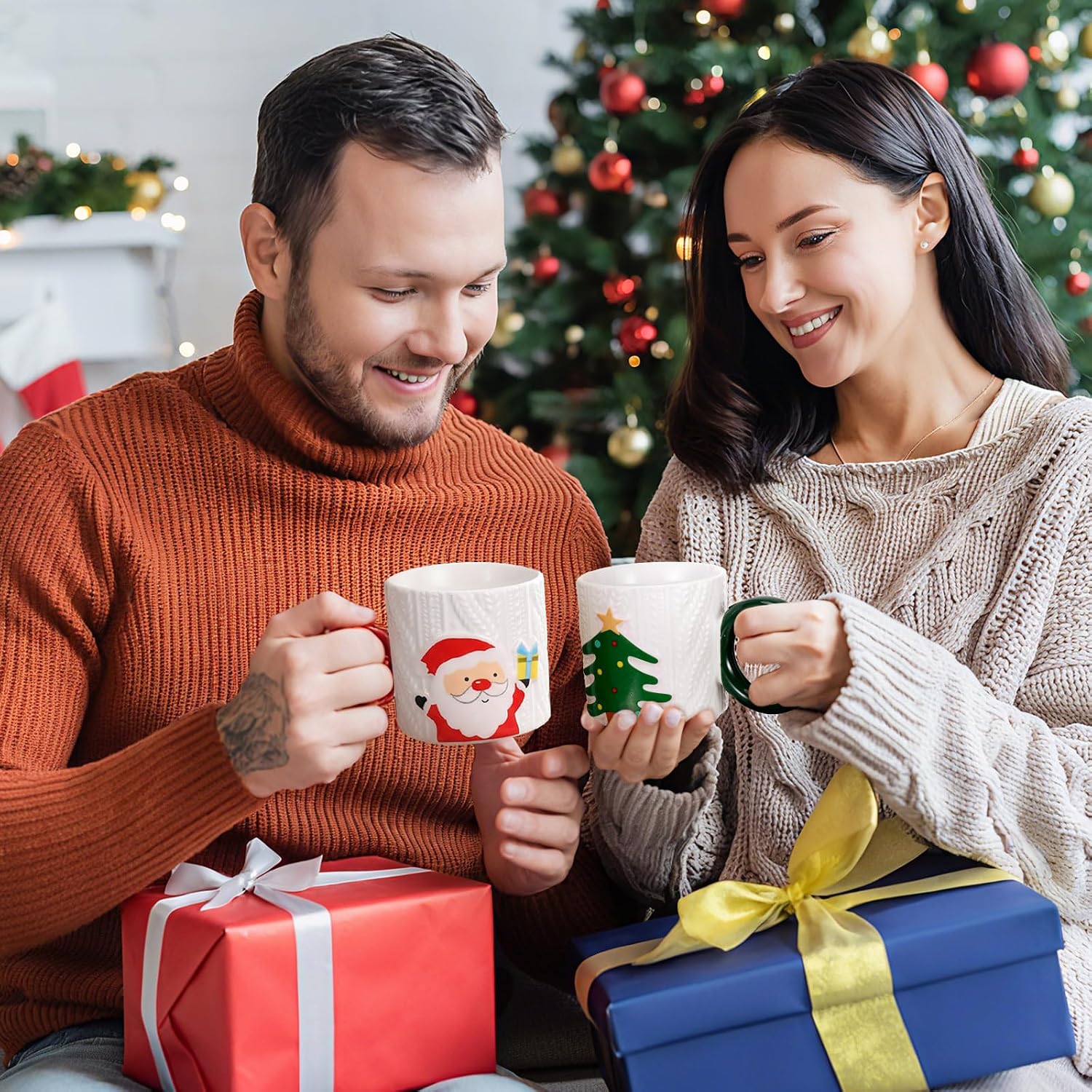 LemonRoad 6 Pcs Christmas Coffee Mug 8.5oz Santa Snowman Tree Ceramic Cups Beverage Espresso Drinking Mugs for Cafe Tea Home Office Kitchen Christmas Gifts Holiday Decorations