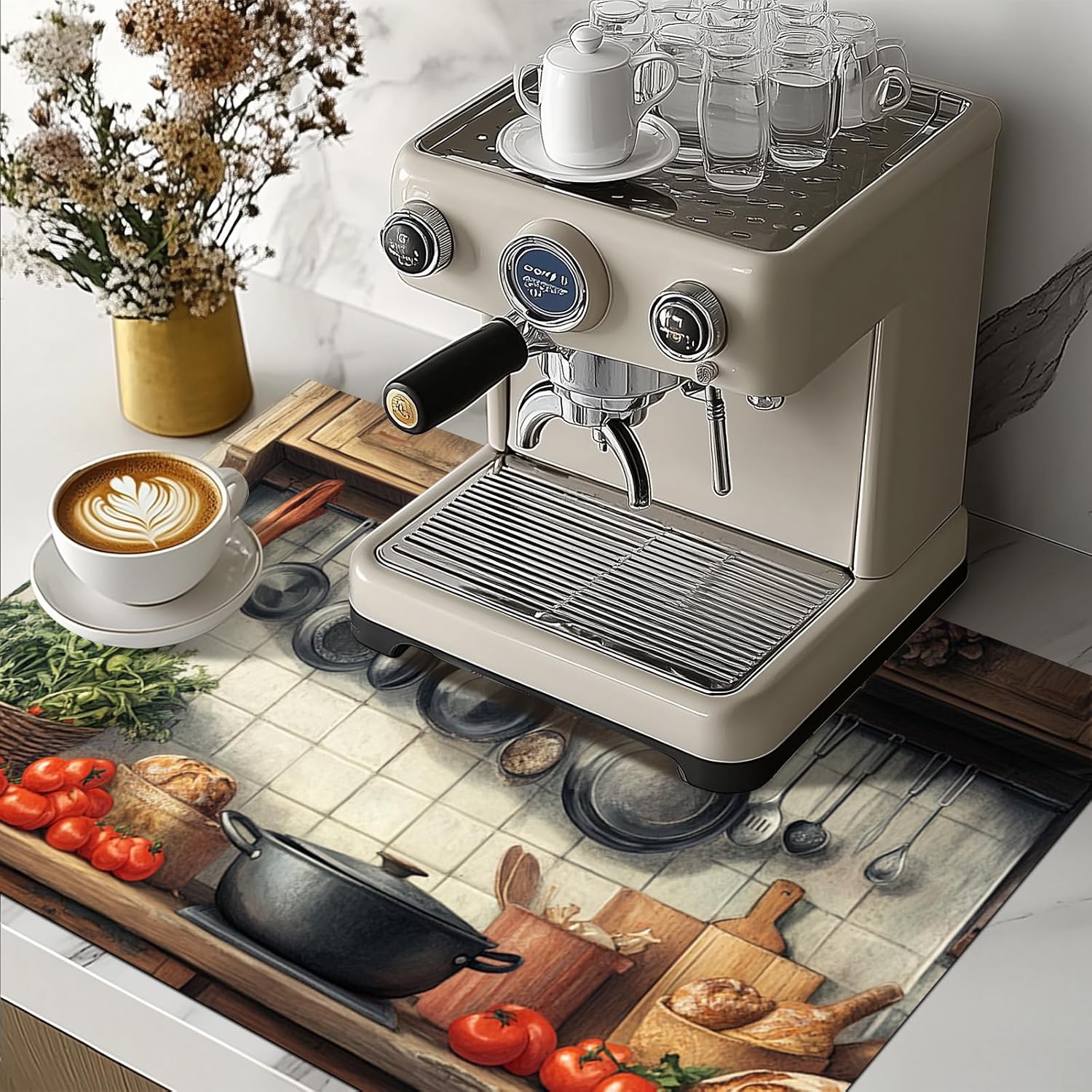 HOMETITUTE Stove Top Covers 28x20 Inches for Electric Cooktop Cover Heat Resistant Countertop Protector Dish Drying Mats Coffee Bar Mats Rustic Kitchen Tomato Bread Design Decorations