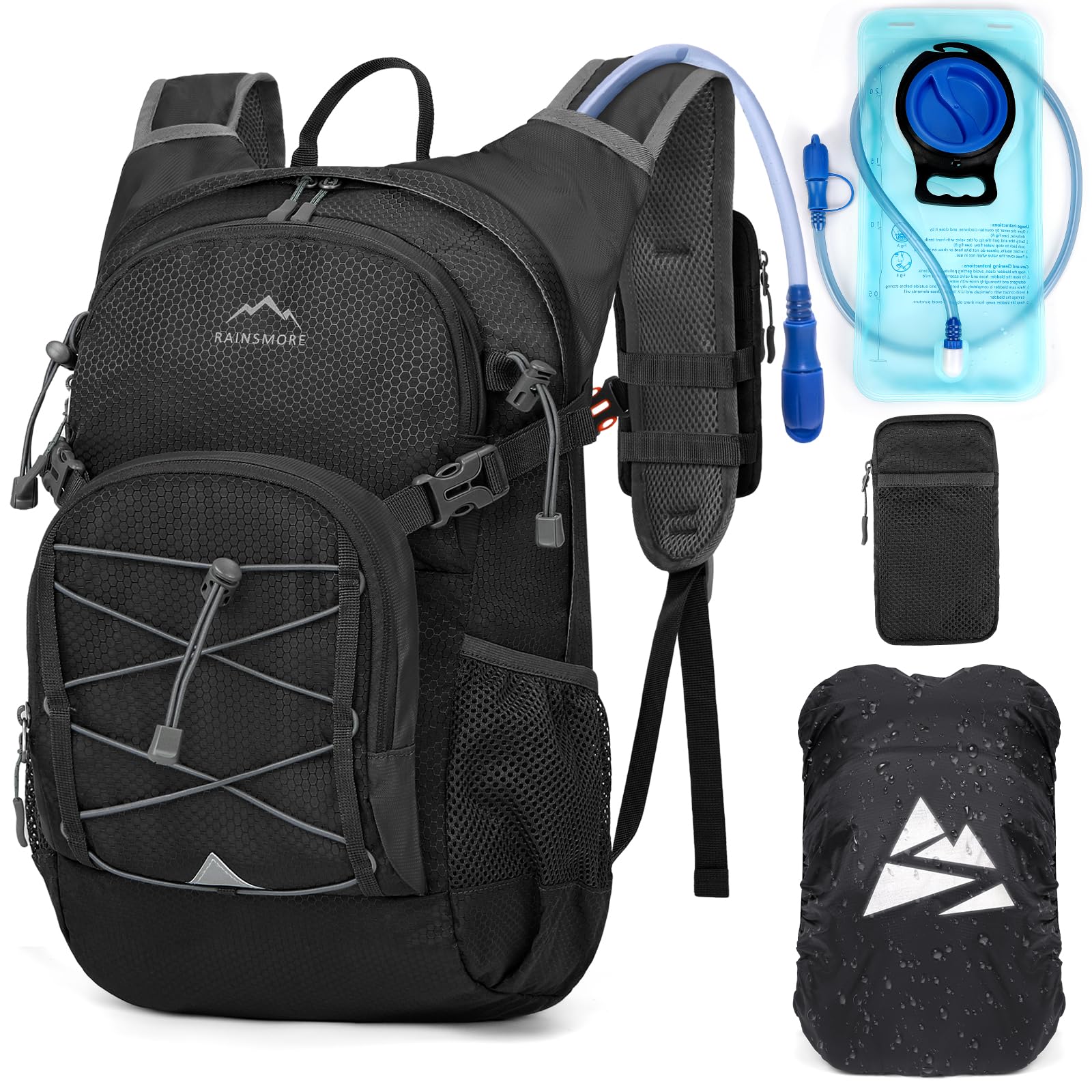 RAINSMORE Sac à Dos D'hydratation avec Vessie d'eau de 2L Sac à Dos Randonnée Moto Sport 18L Homme Femme Léger Isolé avec Housse de Pluie pour Course à Pied Cyclisme l'escalade Trail Running