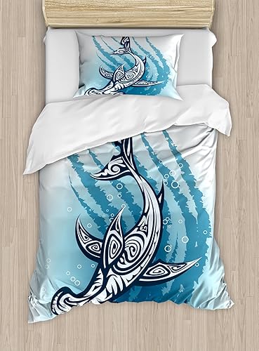 Miniatura 291 de Ambesonne Juego de funda de edredón de pesca, lubina de boca grande atrapando un bocado en espray de agua, imagen salvaje, juego de cama decorativo