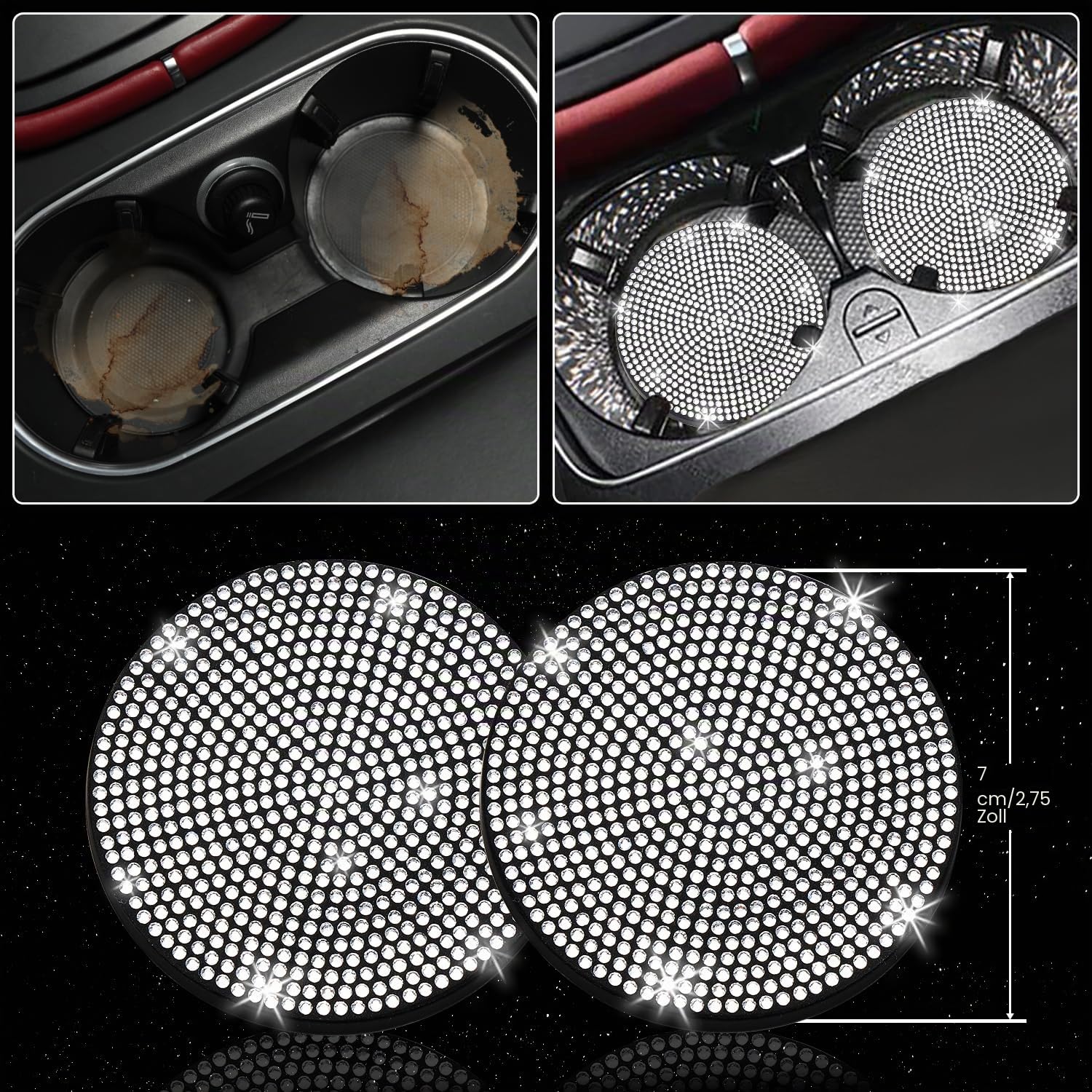 NBTEPEM 27-teiliges Bling Autozubehör-Set für Frauen, Lenkradabdeckungen Universal Fit 15 Zoll, Nummernschildrahmen, Handyhalter, Bling Auto-Untersetzer (Silber Diamant)