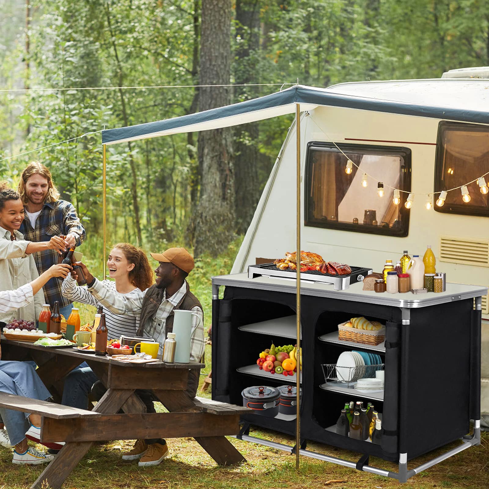 FIVMEN Campingküche Faltbar Campingschrank mit Aluminiumgestell und Staufächer Reiseküche Küchenbox Zeltschrank Camping Zubehör für Outdoor Camping Küche, 100x50x80cm