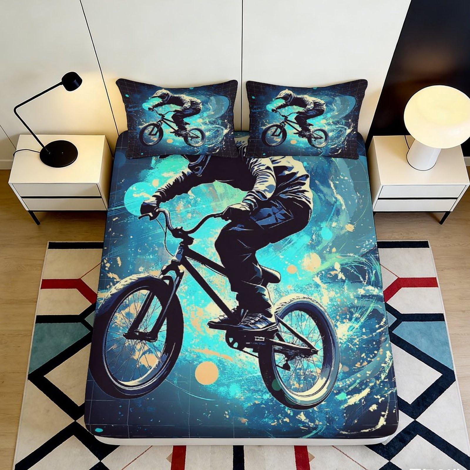 3D Printed BMX Stunt Fitted Sheet Microfiber Blue Urban Graffiti Mattress Cover for Bedroom Dorm Decor 90x200x25cm
