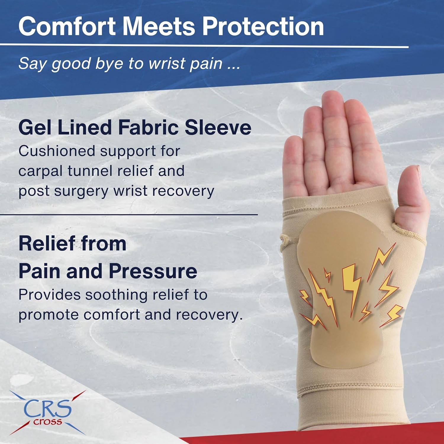 CRS Cross Carpal Tunnel Gel Sleeve. Cushioning Contoured Gel Pad to Protect Wrist, Hand and Palm. Fits Right or Left Hand. For Sports or All Day Wear to Reduce Shock and Impact. (One Size Fits Most)