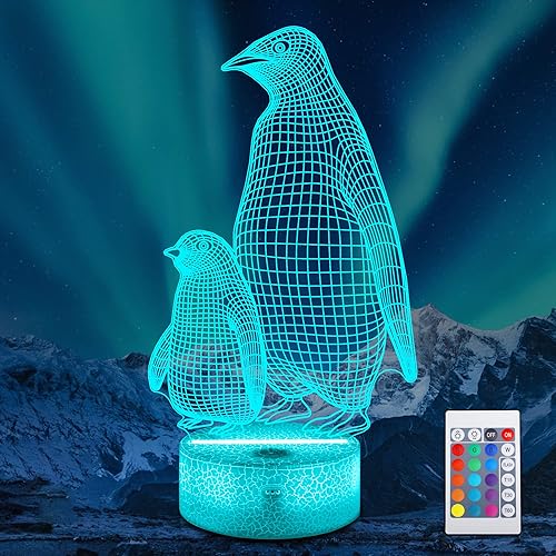 Lampeez - Regalo de pingüino, luz nocturna 3D de pingüino para niños, lámpara de ilusión cambiante de 16 colores con control remoto con función