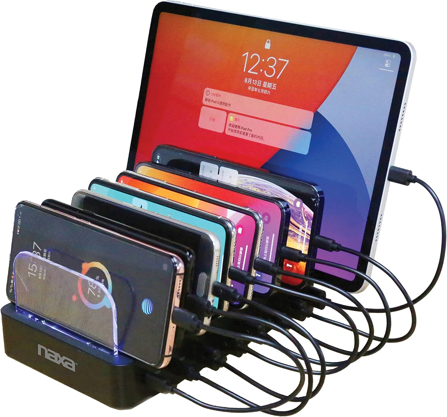 Naxa Electronics NAP-5004 8-in-1 Dock Charging Station with Qi 15W Wireless, USB-A and USB-C for Phones and Electronics, Black