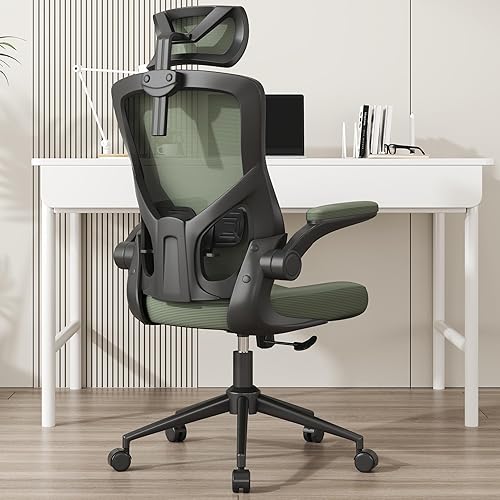 Silla de oficina ergonómica con reposacabezas ajustable y soporte lumbar, silla de escritorio con respaldo alto con brazos abatibles, silla