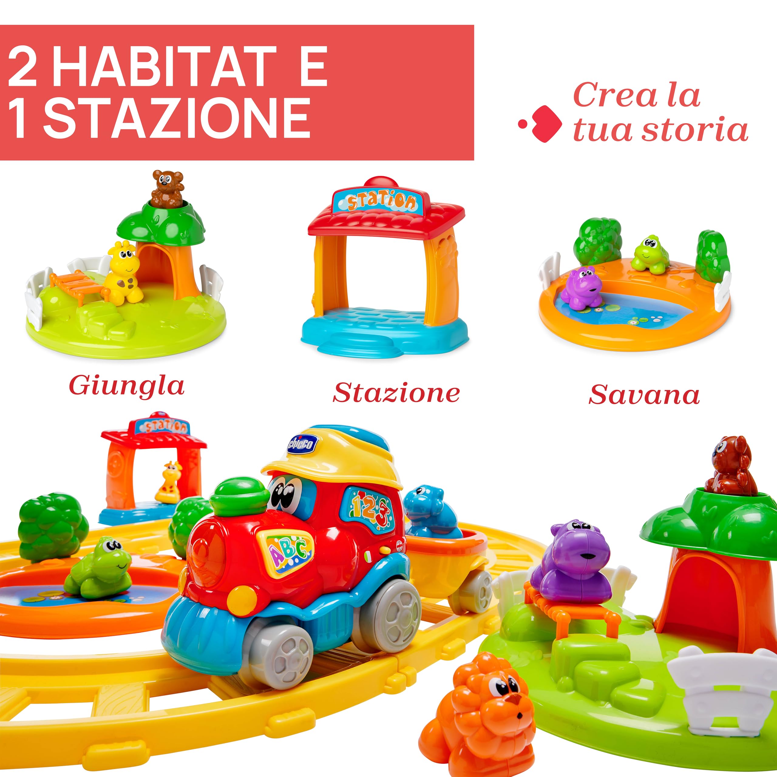 Chicco Treno dell'Avventura Bilingue Italiano/Inglese, Trenino Elettrico per Bambini con Stazione, Ferrovia e 6 Animali, Gioco Educativo Elettronico con Frasi e Canzoni, Giochi Bambini 1-4 Anni
