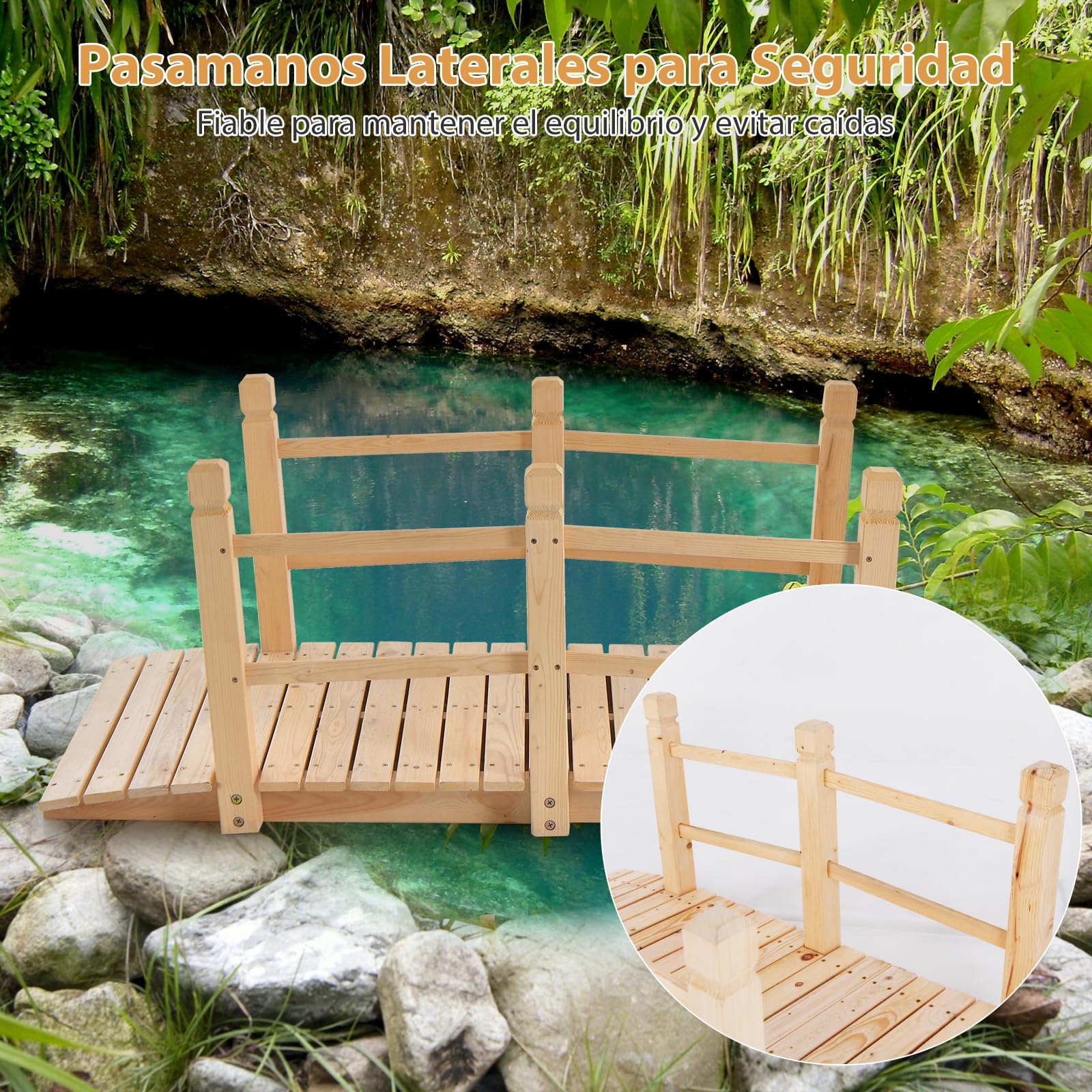 RELAX4LIFE Puente de Madera de Cedro Carbonizada con Barandilla, Puente para Estanque, Jardín y Patio, Decoración Jardín, Carga 100 kg, 150 x 67 x 55 cm (Natural)