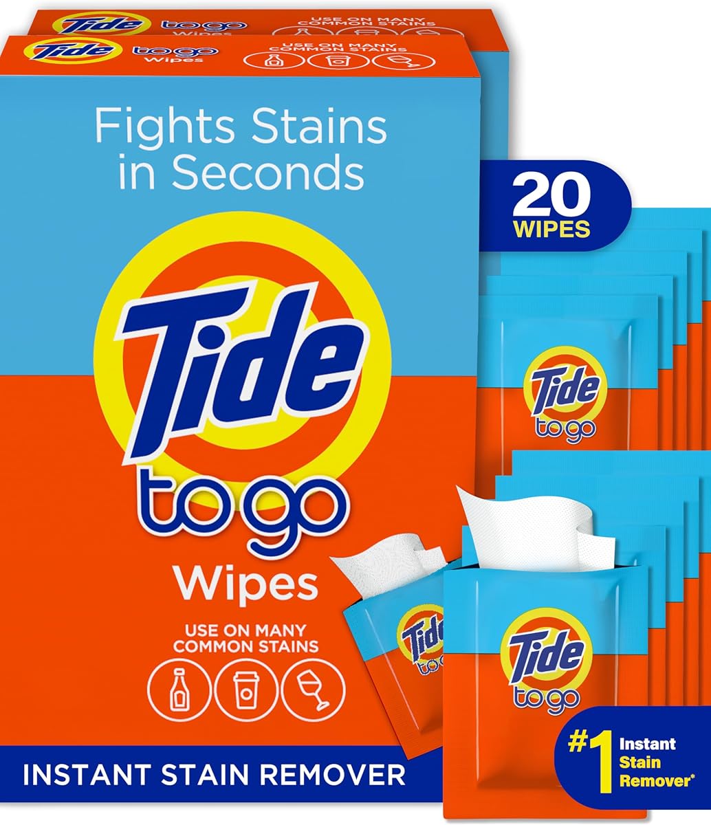 Tide Quitamanchas para ropa, toallitas Tide To Go, quitamanchas instantáneo para ropa, tamaño de viaje y bolsillo, 20 unidades
