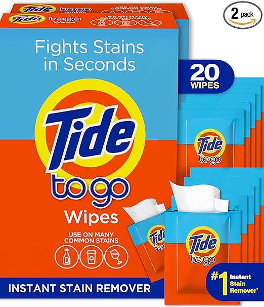 Tide Stain Remover for Clothes, Tide To Go Wipes, Instant Stain Remover for Clothes, Travel & Pocket Size, 20 Count