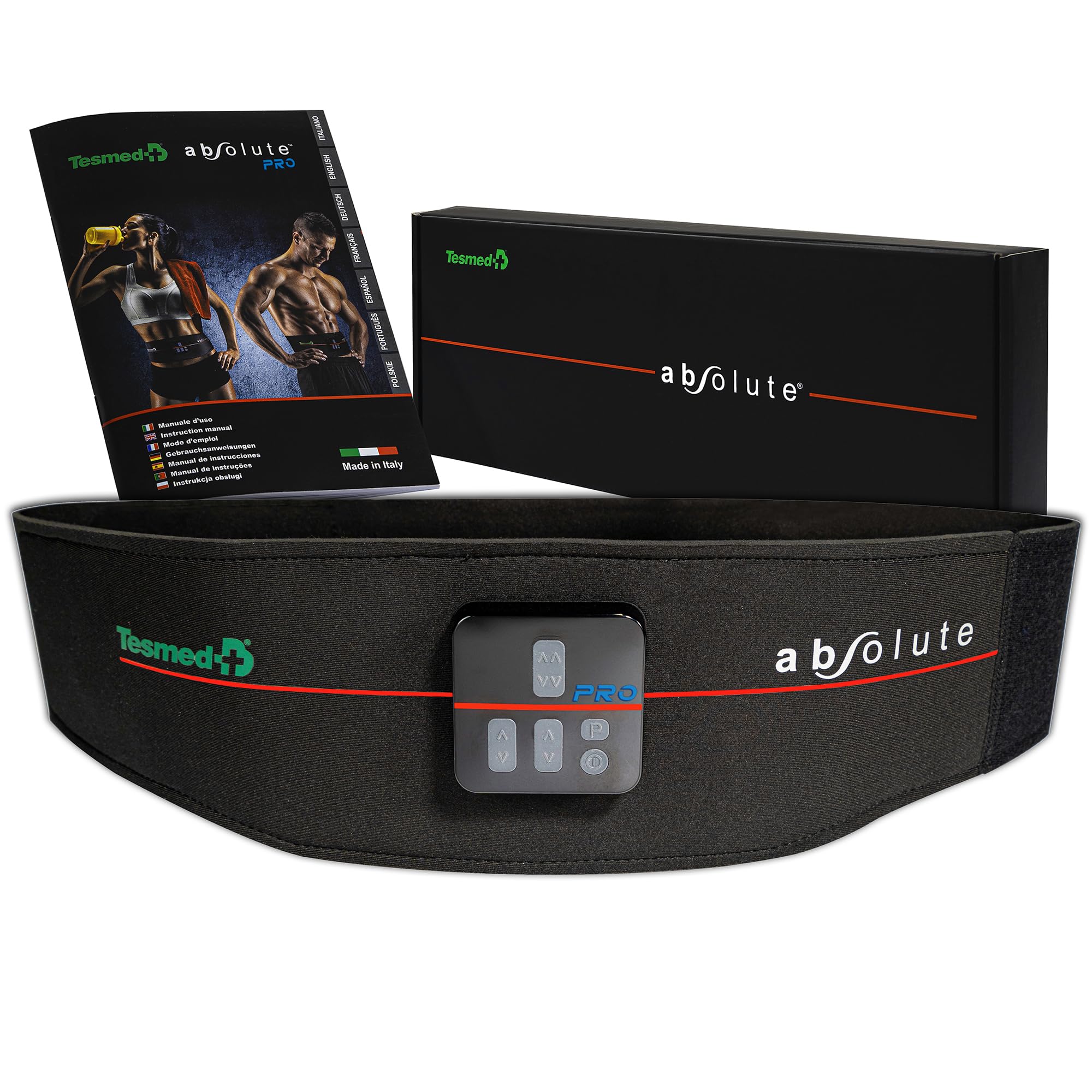 TESMED Absolute: Cintura Addominale EMS, Elettrostimolatore per Addominali Centrali e Laterali – Ricaricabile, 99 Intensità – Allenamento e Tonificazione Muscolare – Made in Italy