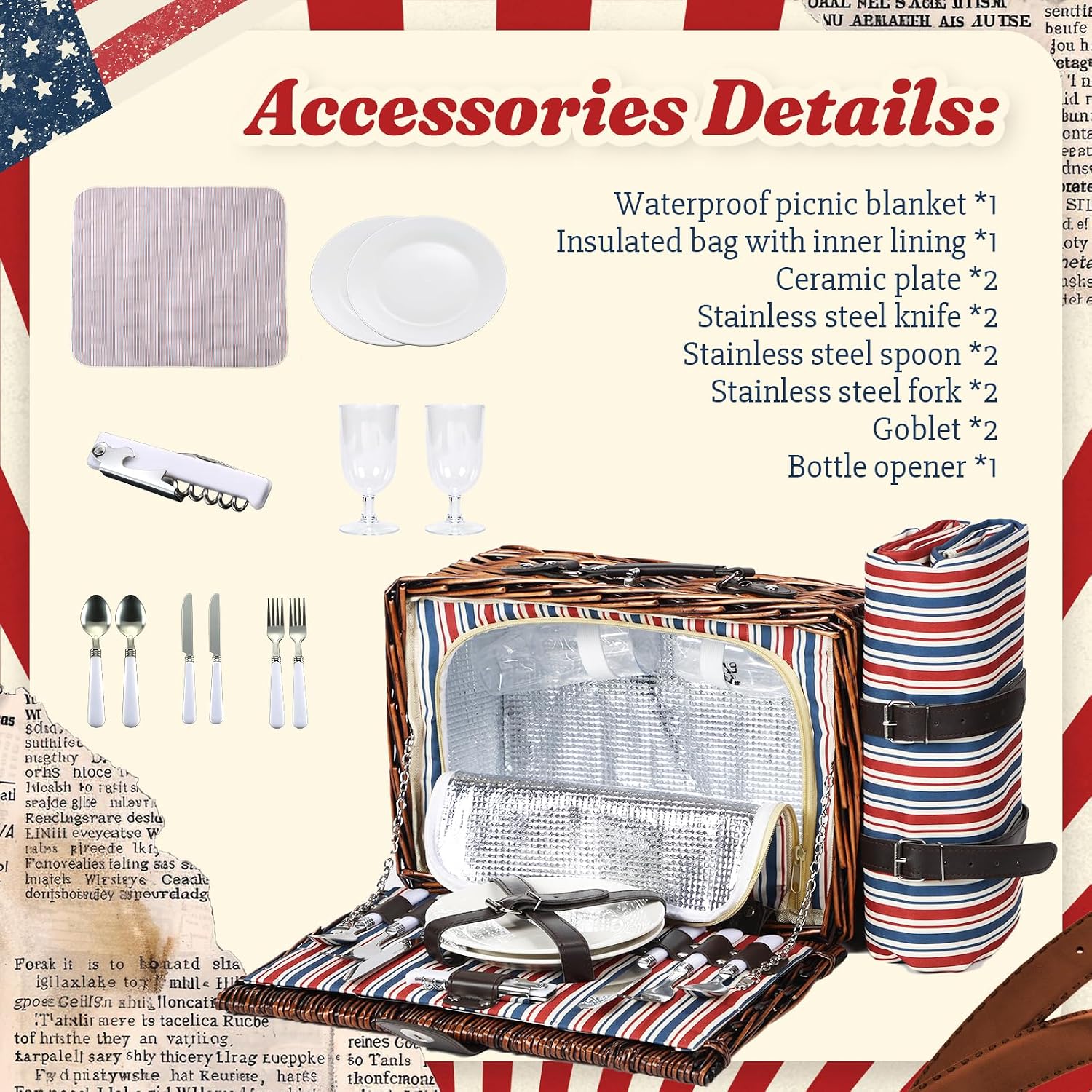 Wicker Picnic Basket for 2 with Waterproof Picnic Blanket and Insulated Bag Classic Red, White and Blue Stripes for Soccer Game, Camping, Travel, Birthday Gift, Wedding Gift
