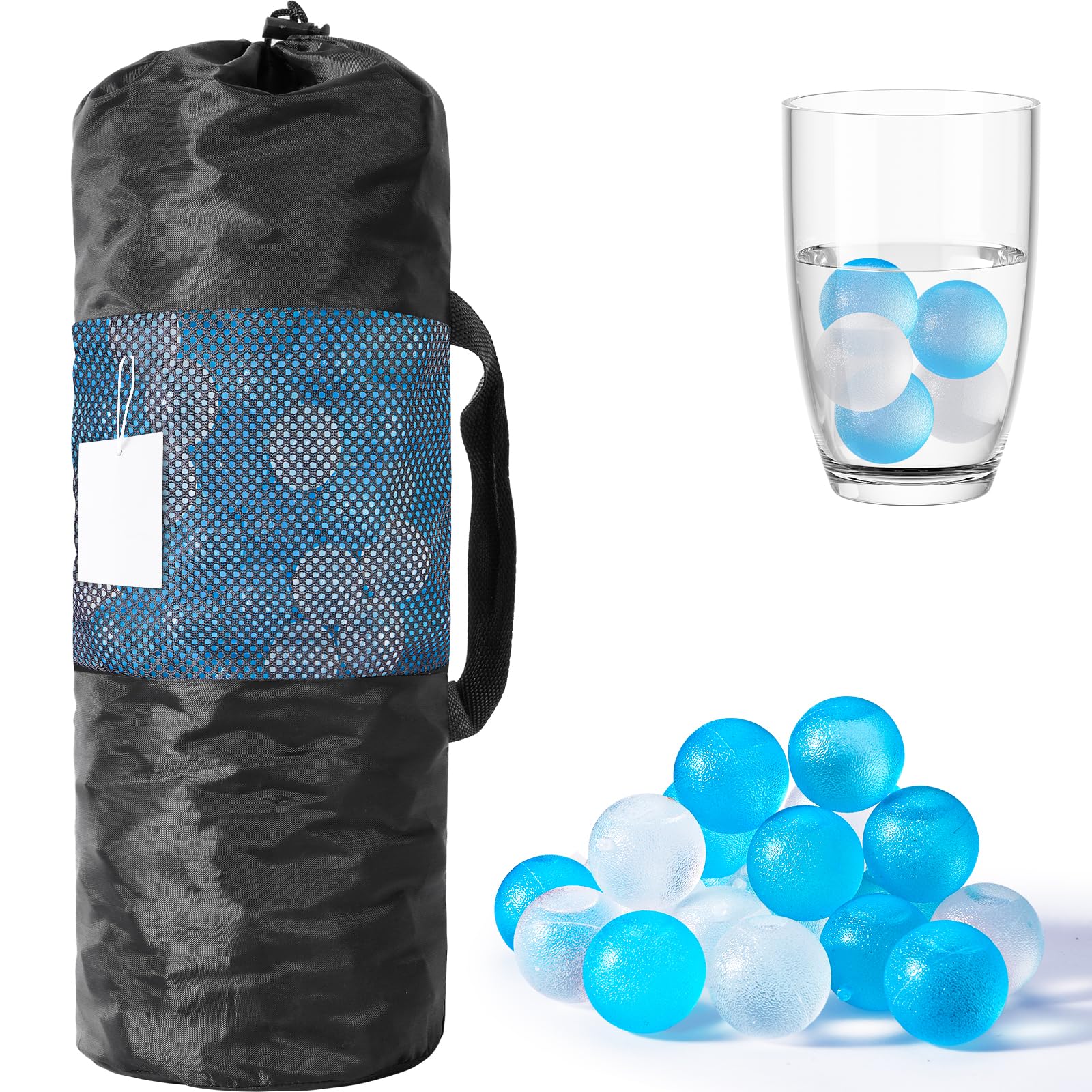 Wiederverwendbare Eiswürfel für Getränke, blau und transparent, rund | BPA-freie Kunststoffwürfel, verwässert den Geschmack nicht, schmelzt nicht, Aufbewahrungstasche, Kühler, Camping, Strand