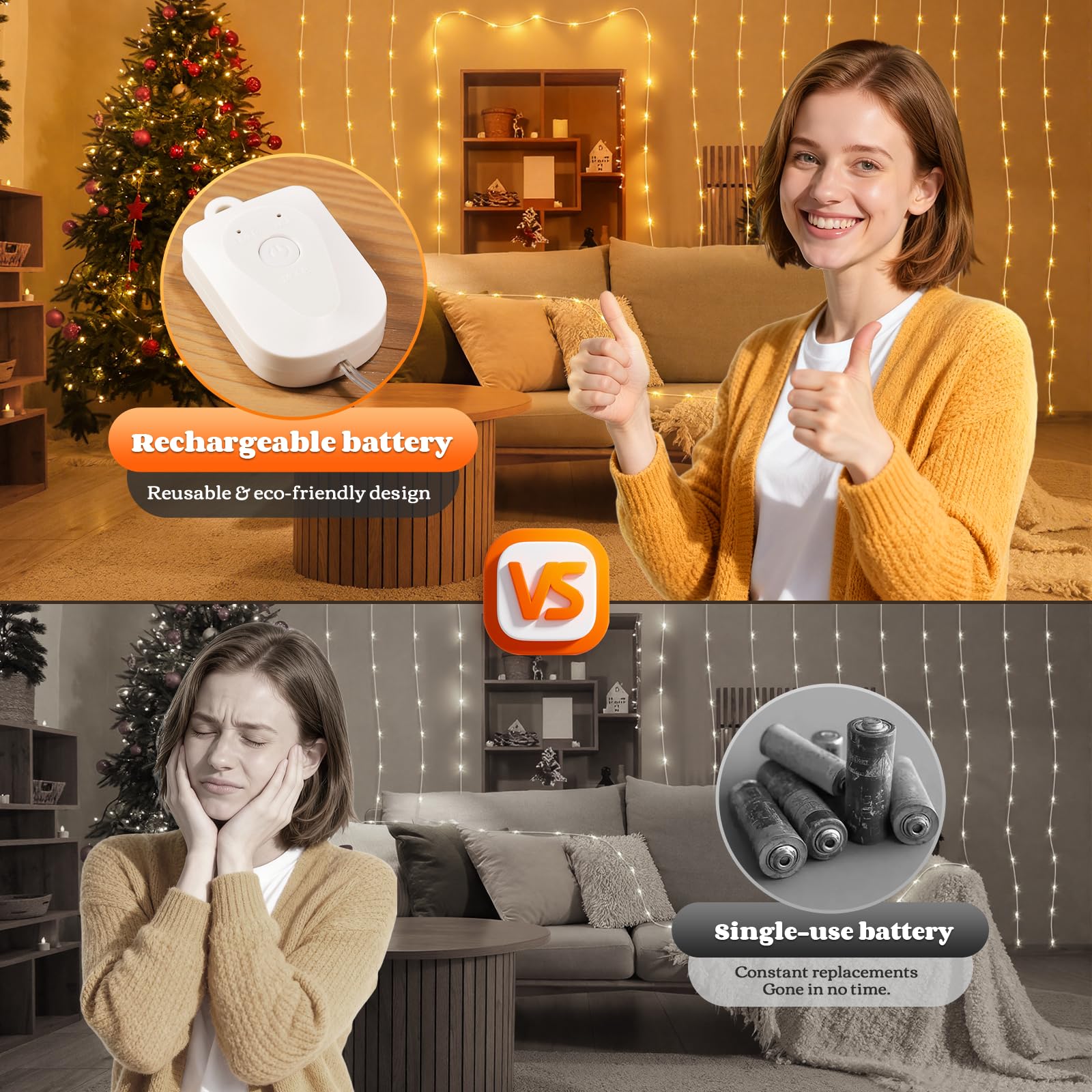 Yizhet Guirnalda Luces Recargable, 6 Piezas Cadena de Luces Extraíble, 3m 30 Led Blanca Cálida y 8 Modos con Temporizador y Gancho, Impermeabile IP65 para Navidad Fiesta Bodas Balcón Jardín