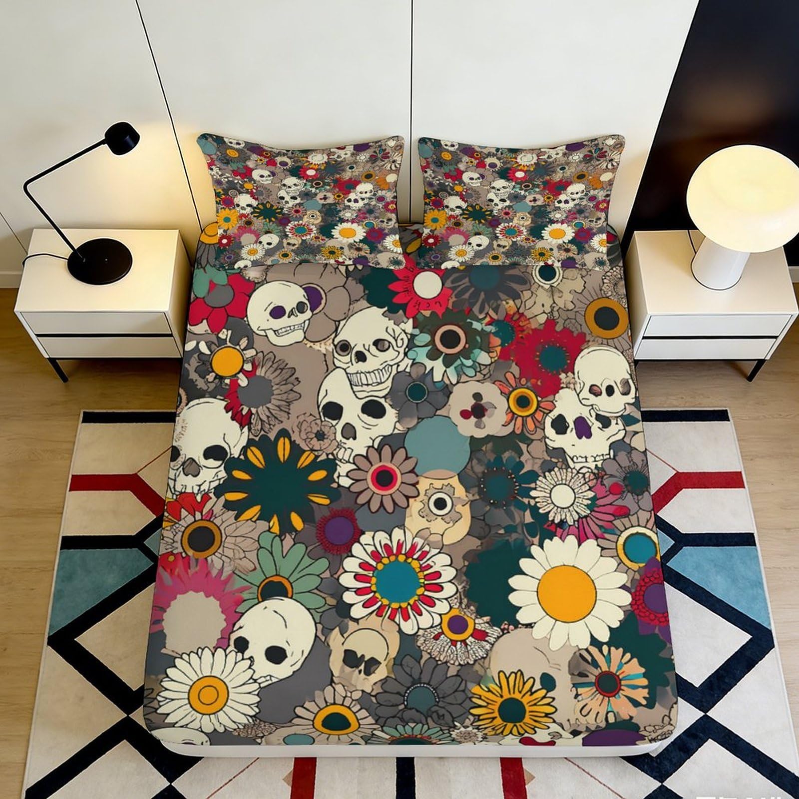 Qjzxknhpgr Style-10 3D Printed Skull Floral Fitted Sheet Microfiber Colourful Flower Decor Mattress Cover For Bedroom Guest Room Protection 90X200x25cm
