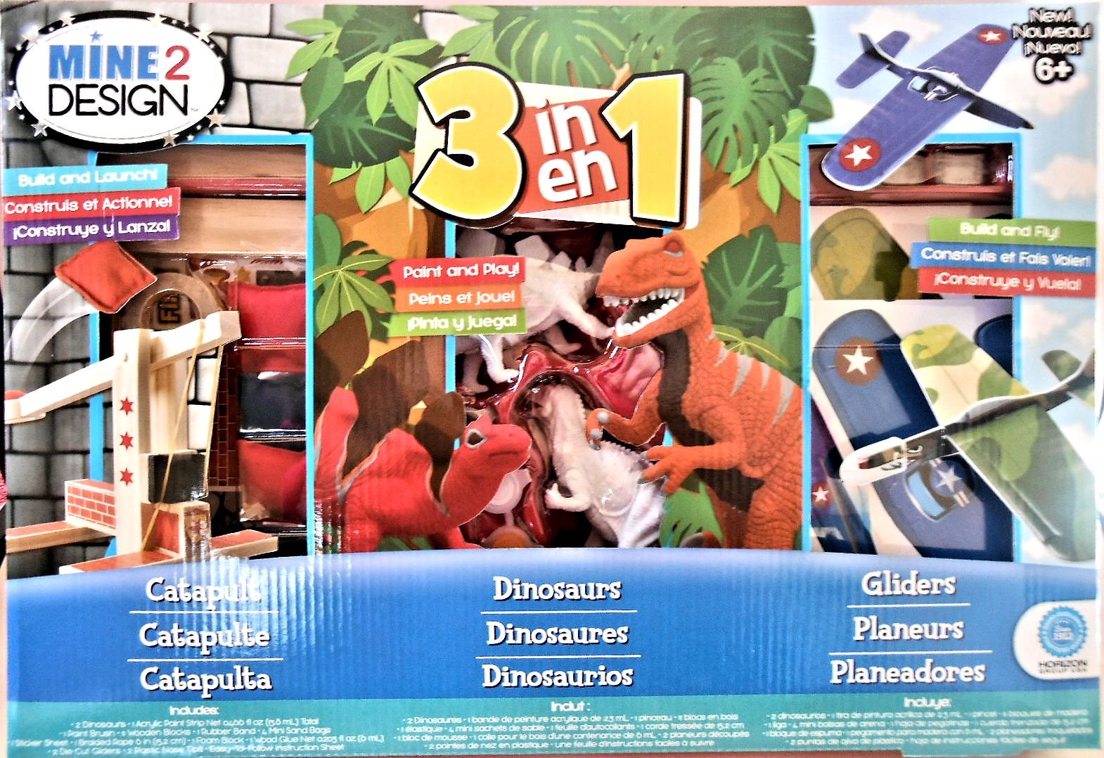 3 in 1 Build, Paint & Play Kit Catapult, Dinosaurs and Gliders DIY