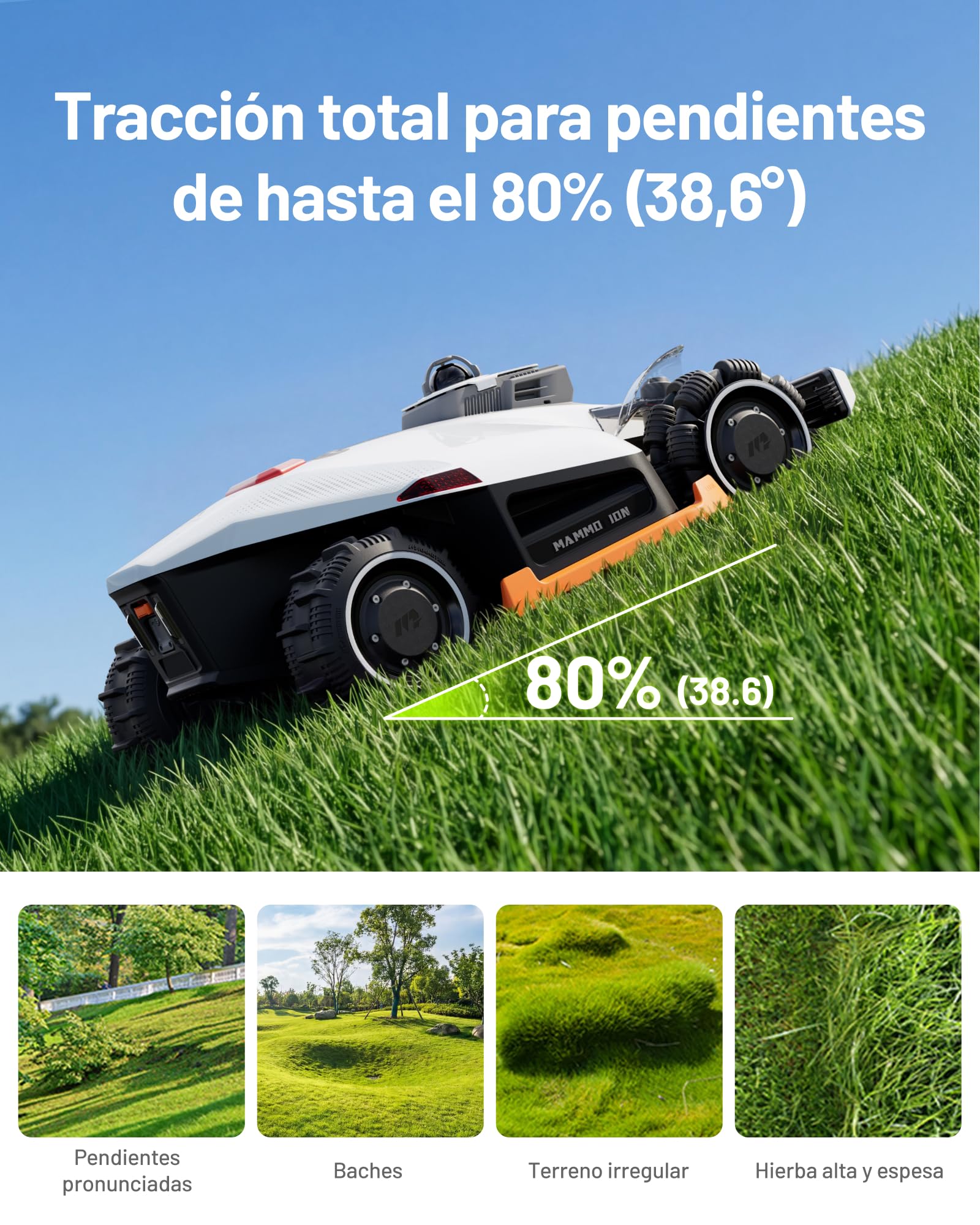 MAMMOTION LUBA 3 AWD 1500 Robot Cortacésped con Soporte de Lavadero | LiDAR+Visión AI de Doble Cámara de 360°, Tracción Total para Pendientes del 80%, Gestión Multizona, Altura de Corte 25-70mm