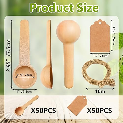 Miniatura 6 de YHNTGB 50 juegos de mini cucharas de madera de 3 pulgadas, etiquetas de papel kraft para frascos de especias, cucharas pequeñas pequeñas de madera