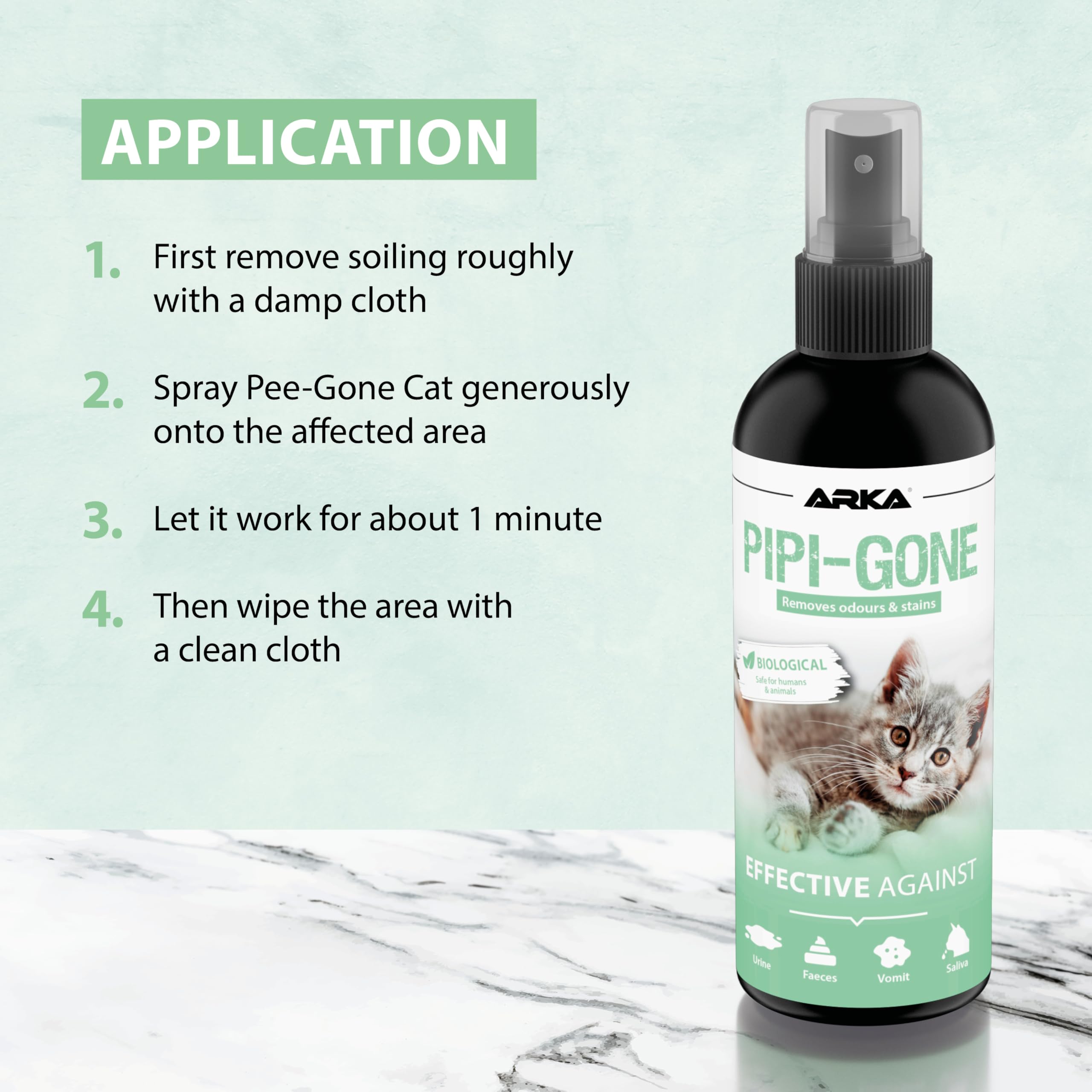 ARKA PIPI-Weg Cat – 100 ml – skuteczny środek do usuwania plam i nieprzyjemnych zapachów, trwale usuwa mocz kota, odchody, wymioty i ślinę na dywanach i tapicerkach.