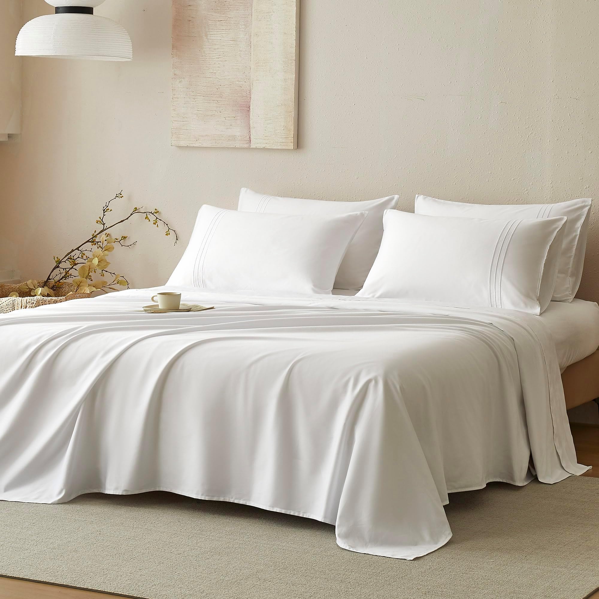 JELLYMONI Queen Sheet Sets White - 400 Thread Count 100% Cotton Sheets, 4 Pieces Silkly Sateen Cotton Sheet Set, Wrinkle Free Hotel Luxury Bedding
