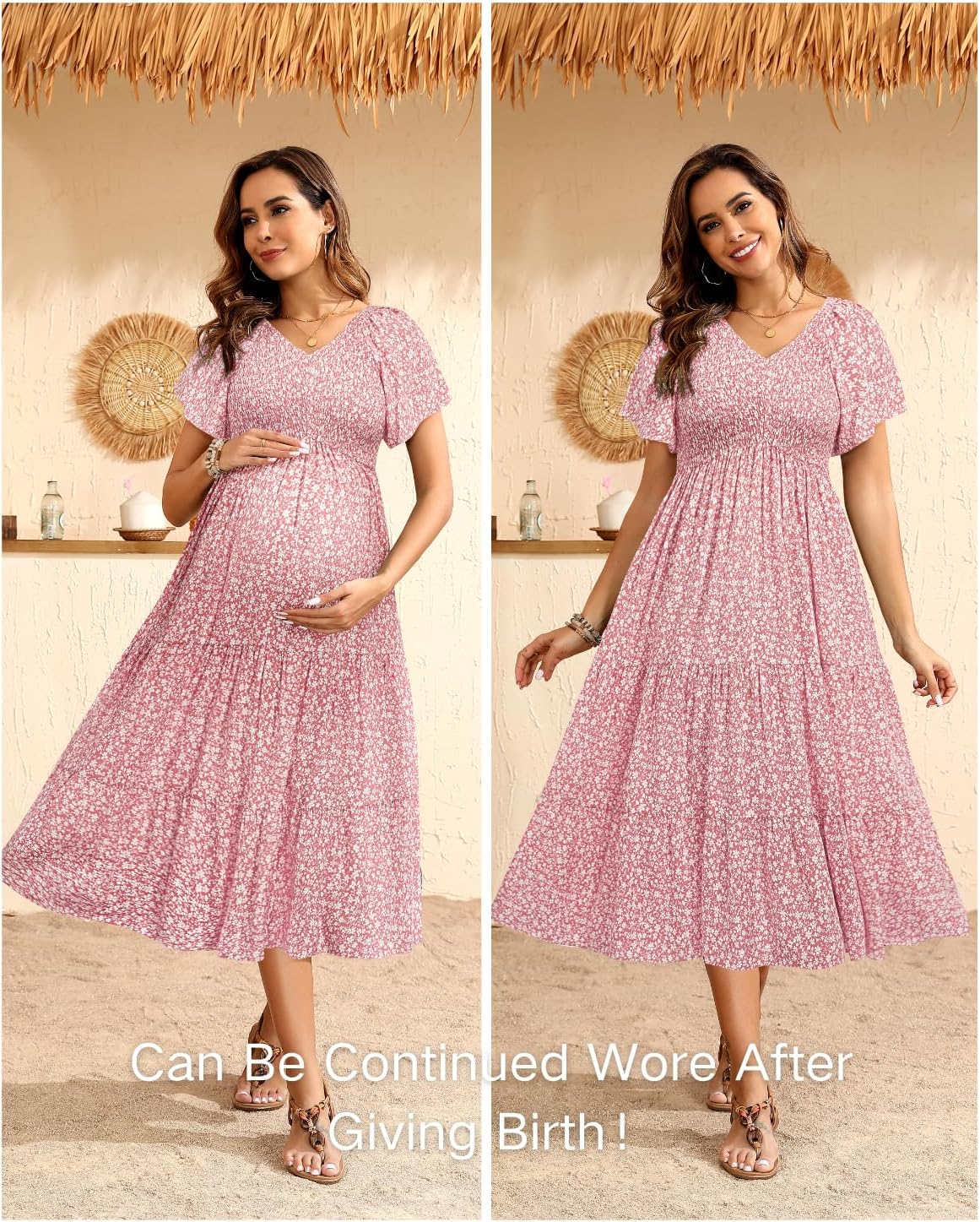 Maternity Dress for Baby Shower - 2025 Photoshoot Pregnancy Summer Midi Casual Flutter Sleeve Dress