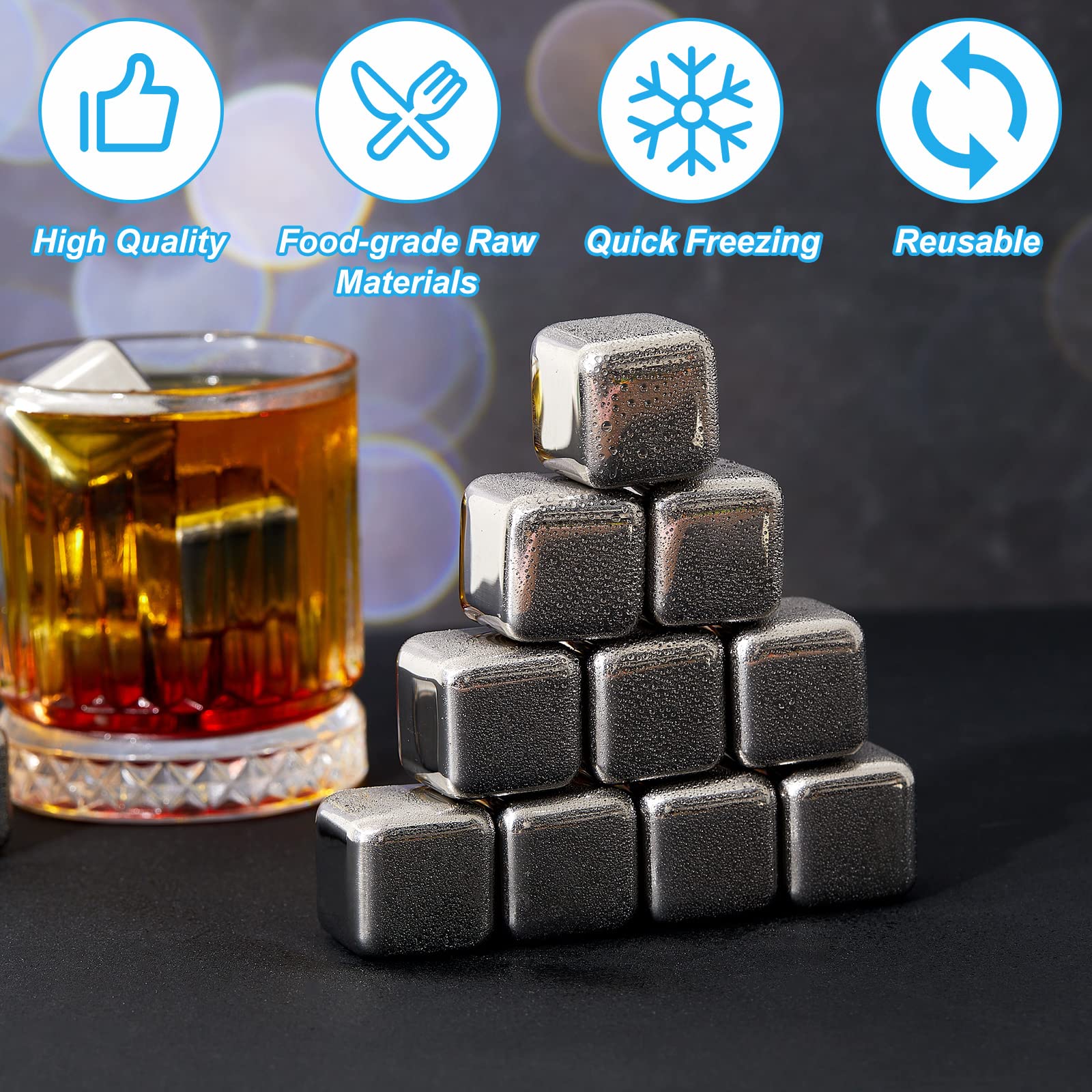 Yexiya 60 cubos de hielo de acero inoxidable con pinzas de hielo, cubos de whisky, herramientas de metal para whisky, piedras de hielo reutilizables para bebidas, enfriar whisky, vodka, licores, vino,