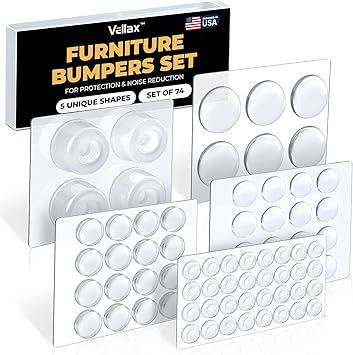 74 Clear Silicone Bumpers & Wall Protectors 5Shape SelfAdhesive Pads for Cabinets, Doors, Drawers & Furniture Noise Dampening & Surface Protection by Vellax