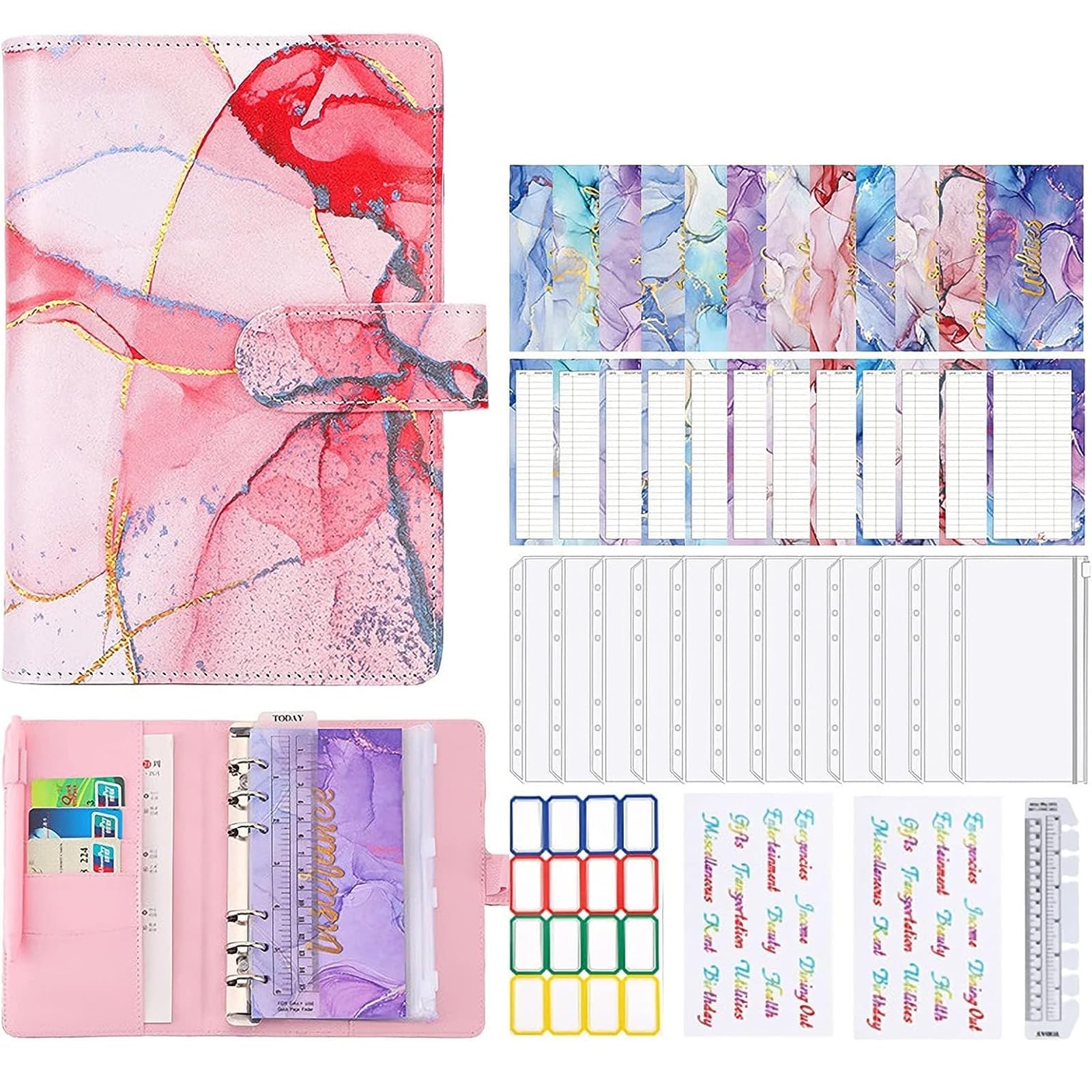 Joyzzz Budget Binder with Zipper, A6 Cash Envelopes for Budgeting, PU Leather Budget Binder Planner with 12 PCS Clear Zipper Envelopes, 12 PCS Budget Sheets for Budgeting, Saving Money (Pink)