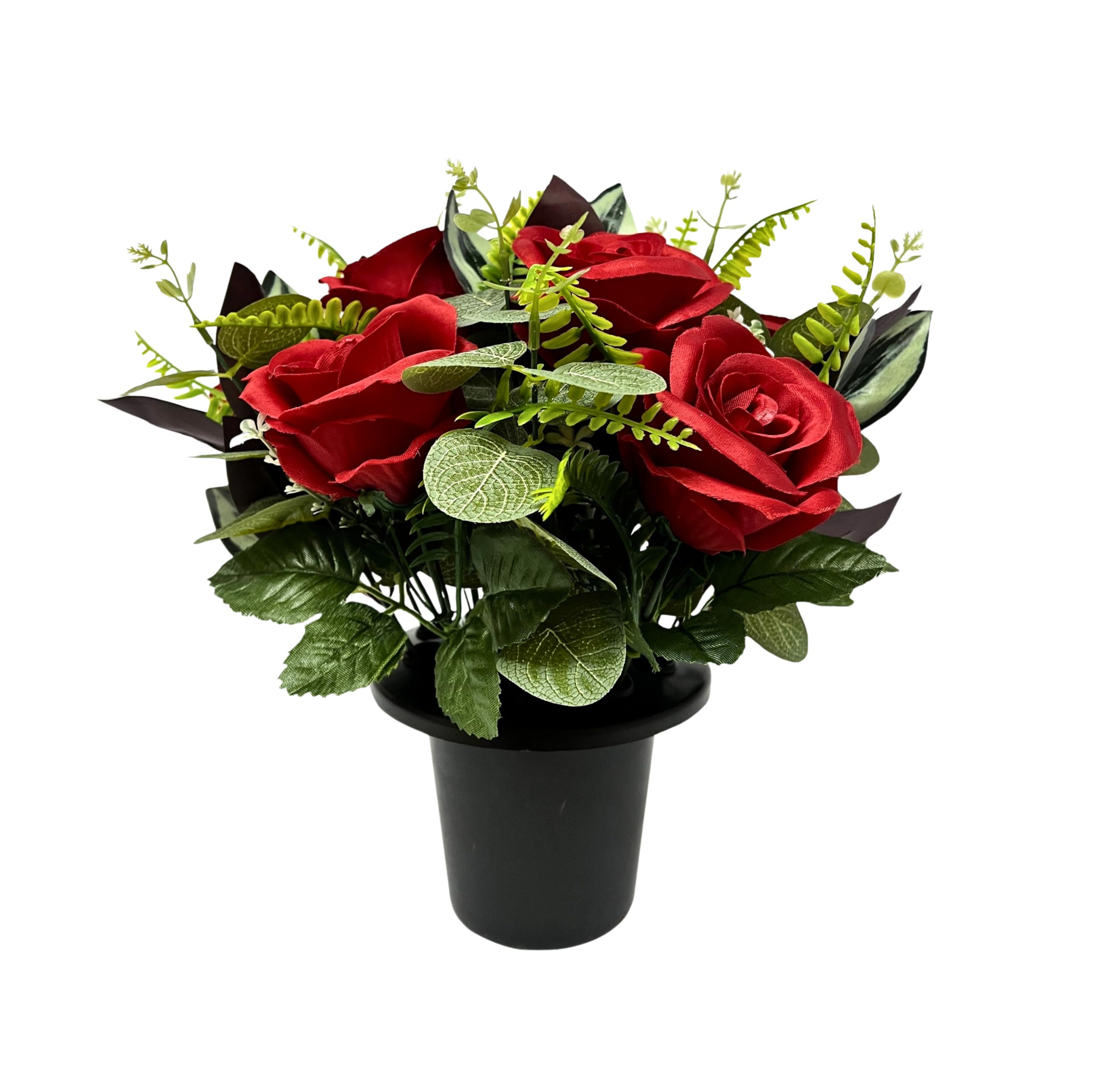 CFY Memorials Premium Artificial Grave Flowers – Red Open Roses with Eucalyptus (25cm) | Memorial Vase Pot
